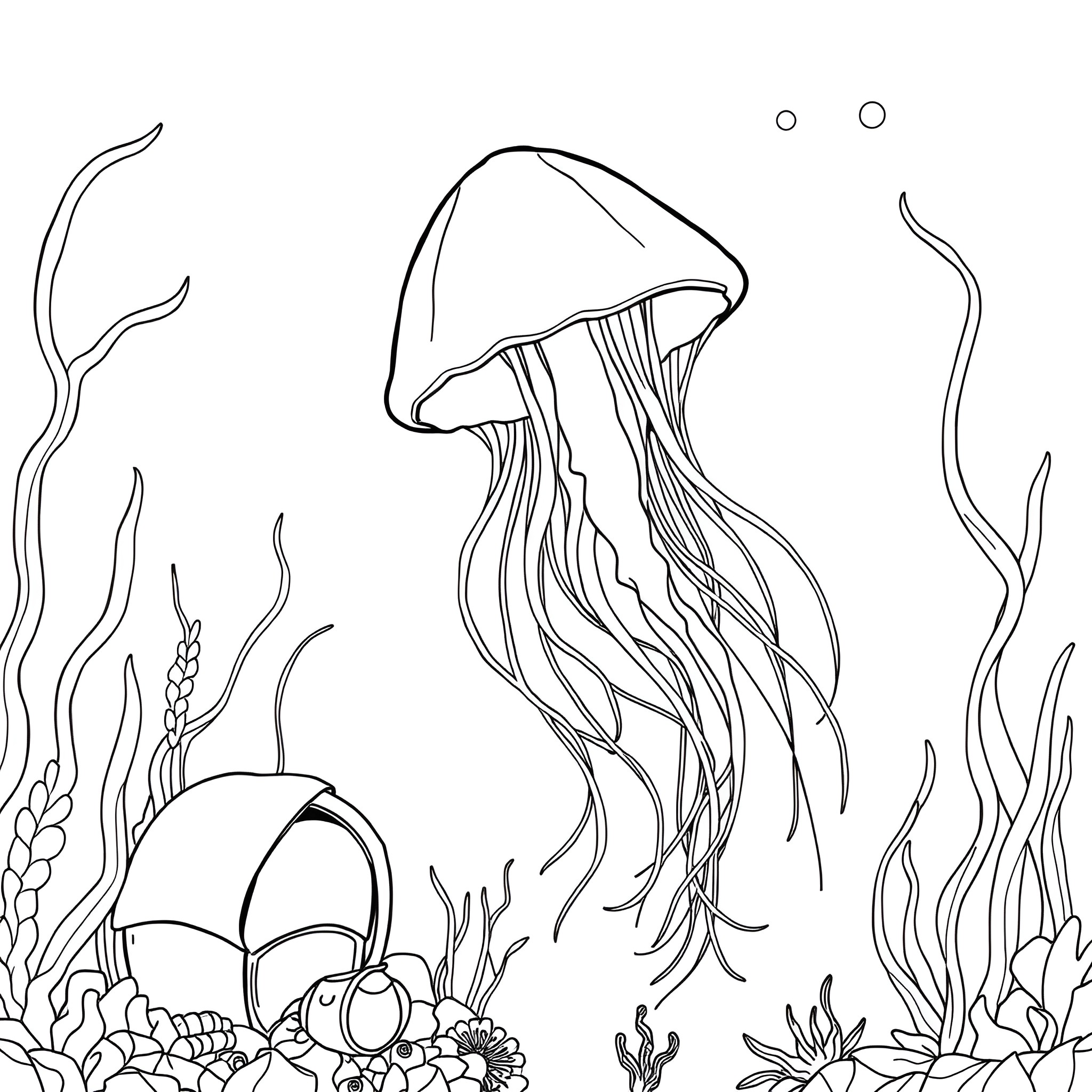 Jellyfish swimming gracefully in the underwater garden Coloring Page (free black-and-white line drawing printable PDF for all, from beginners to advanced learners, including children, teens, adults, and seniors)