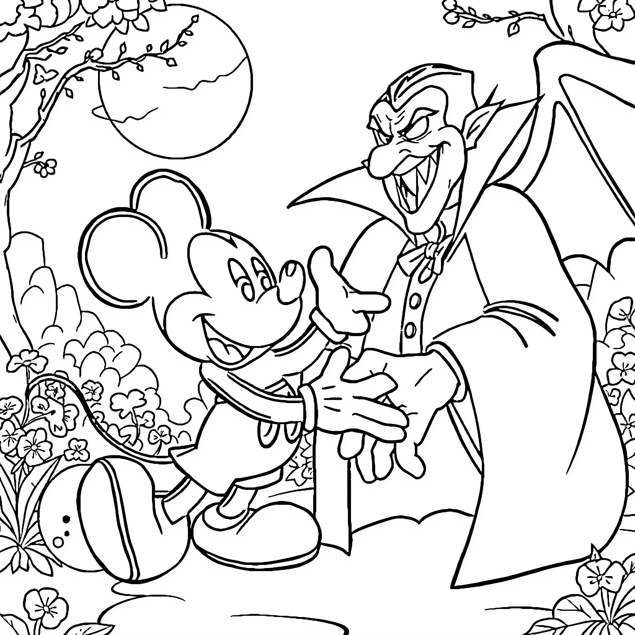 Mickey Mouse and Vampire Bat in Moonlit Garden Coloring Page (free black-and-white line drawing printable PDF for all, from beginners to advanced learners, including children, teens, adults, and seniors)