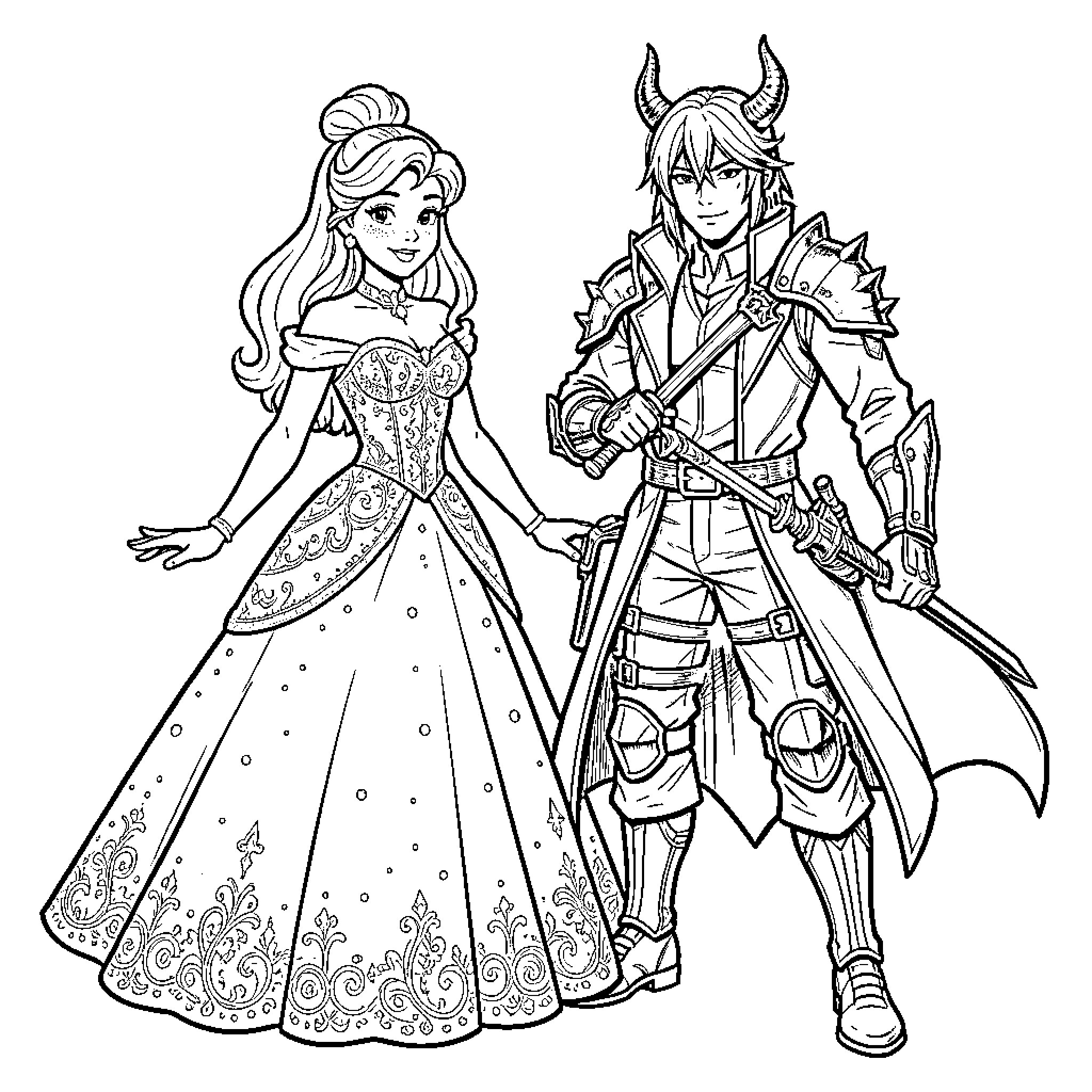 Disney Princess and Fantasy Knight in Elegant Attire Coloring Page (free black-and-white line drawing printable PDF for all, from beginners to advanced learners, including children, teens, adults, and seniors)