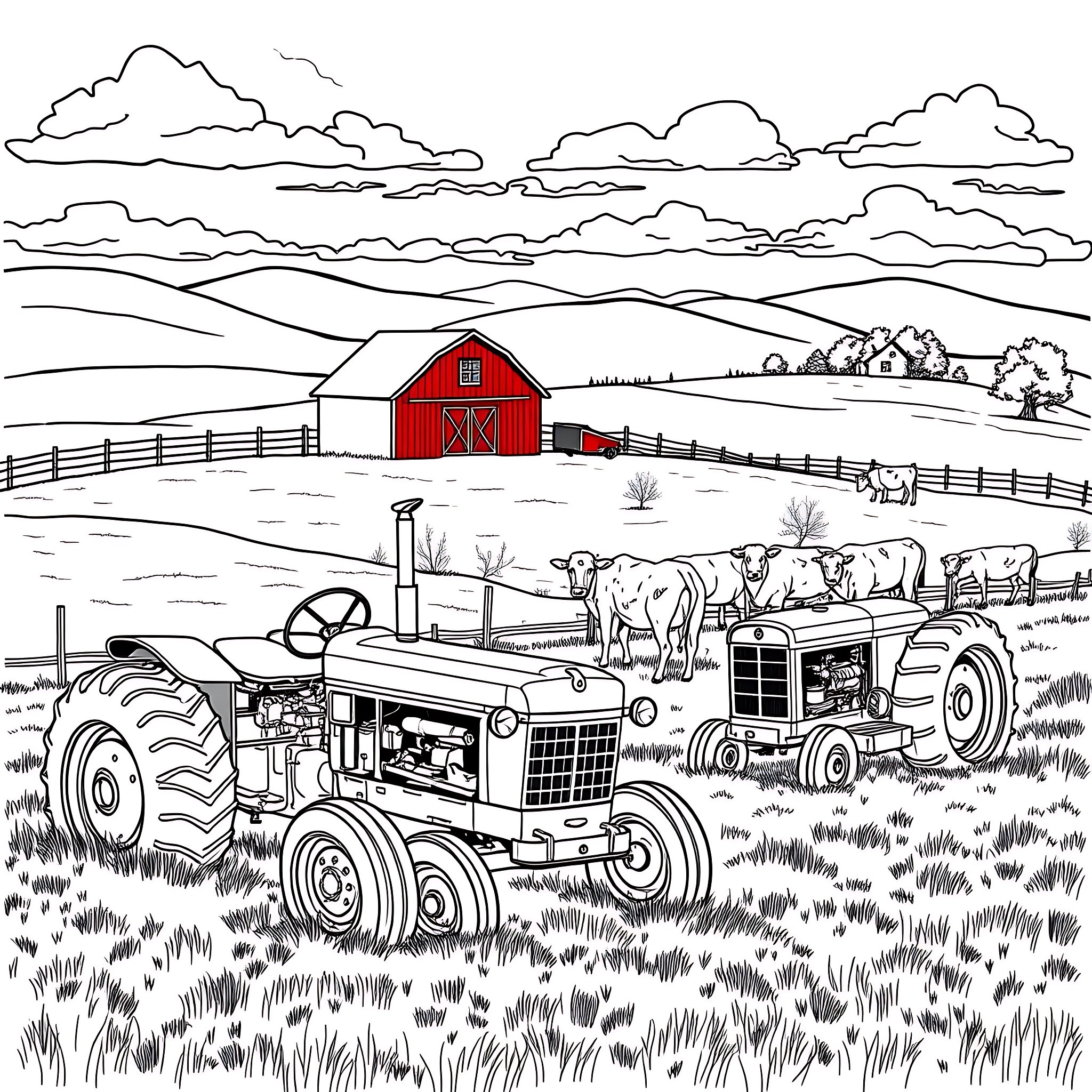 Farm with Tractors, Barn, and Livestock Coloring Page (free black-and-white line drawing printable PDF for all, from beginners to advanced learners, including children, teens, adults, and seniors)
