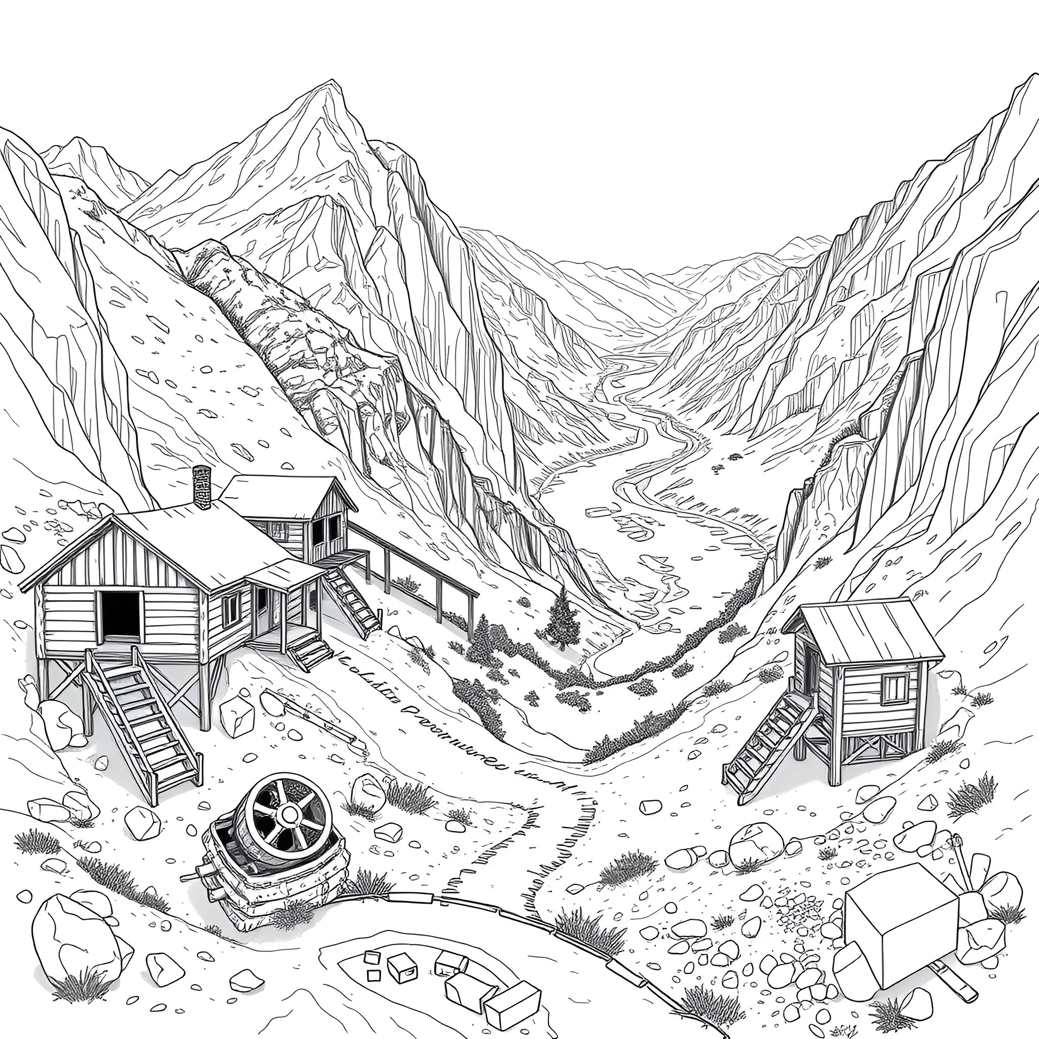 Gold Mine Adventure in the Rugged Mountains Coloring Page (free black-and-white line drawing printable PDF for all, from beginners to advanced learners, including children, teens, adults, and seniors)