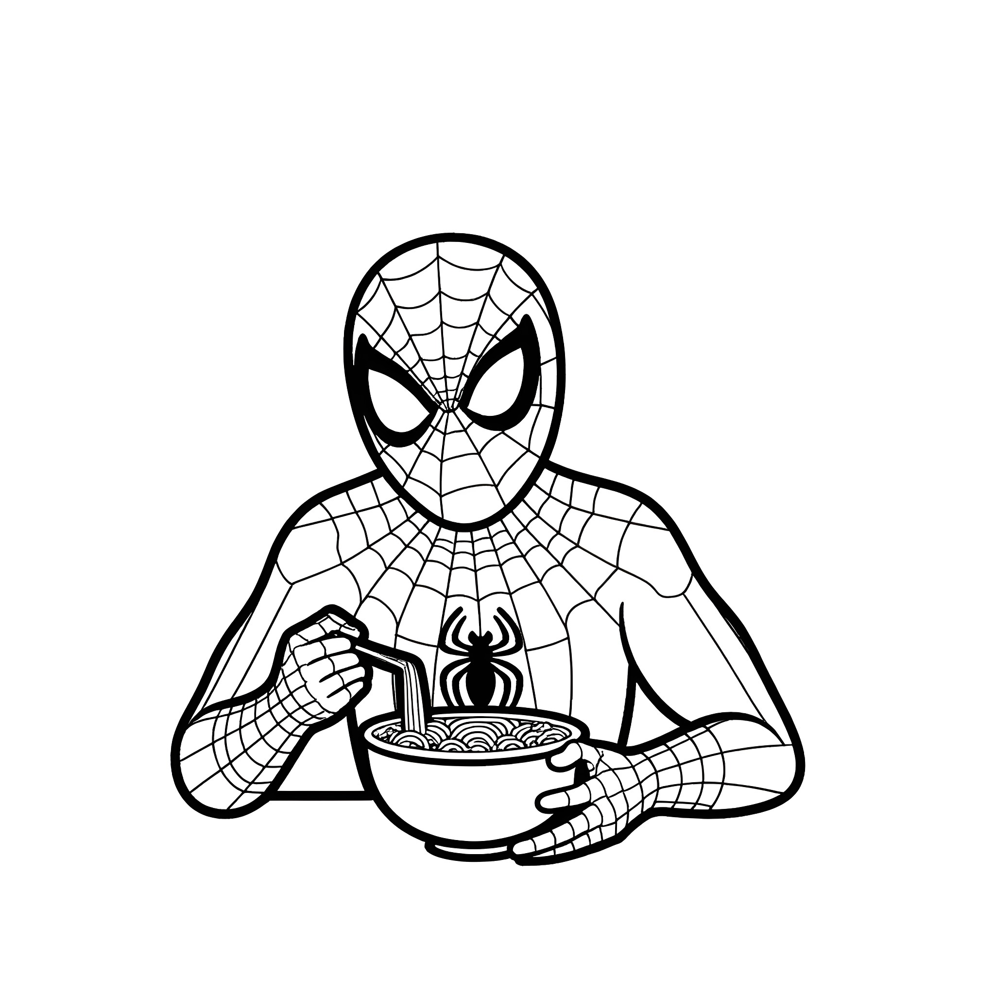 Spiderman eating noodles with webbing Coloring Page (free black-and-white line drawing printable PDF for all, from beginners to advanced learners, including children, teens, adults, and seniors)