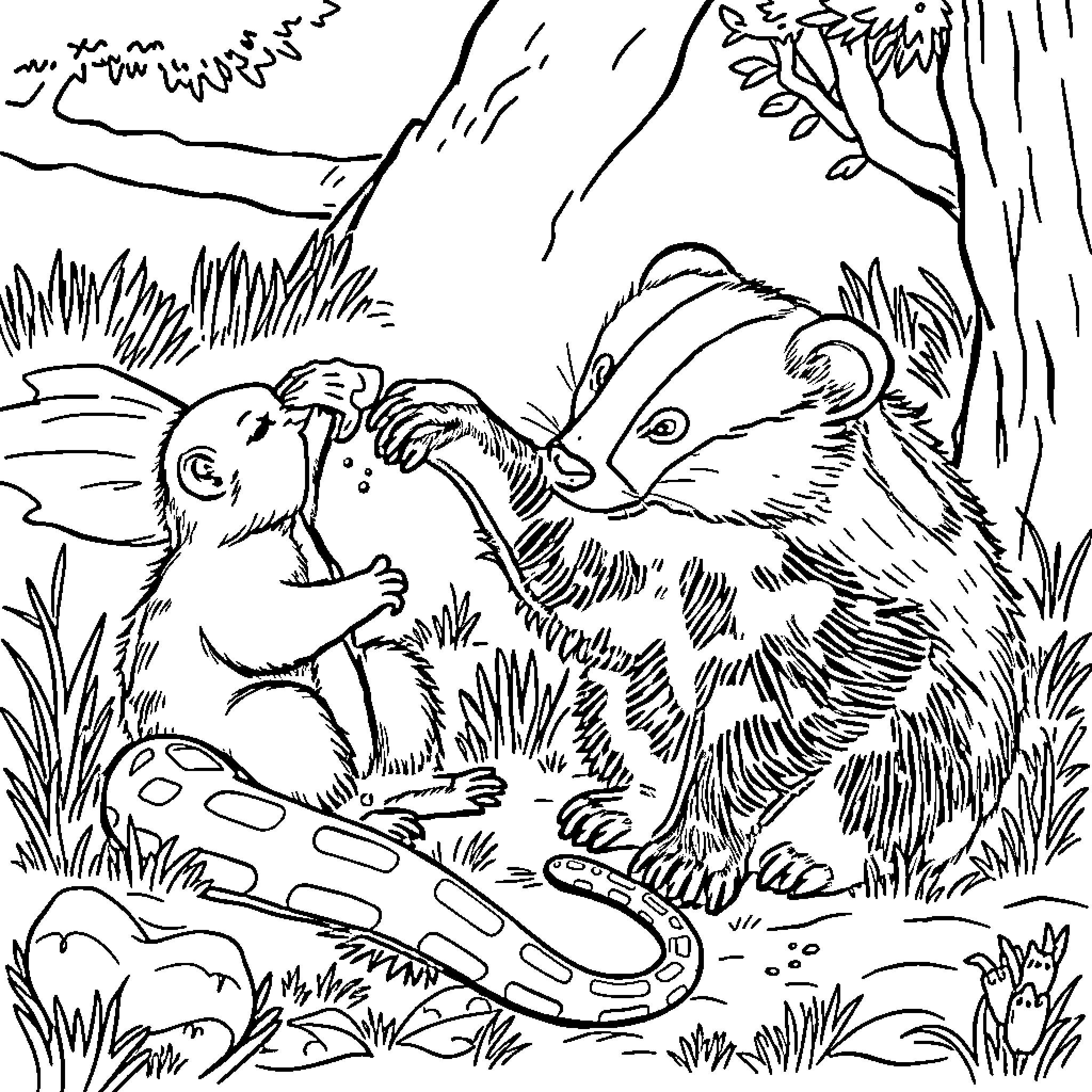 Honey Badger Family Playing in Nature Coloring Page (free black-and-white line drawing printable PDF for all, from beginners to advanced learners, including children, teens, adults, and seniors)