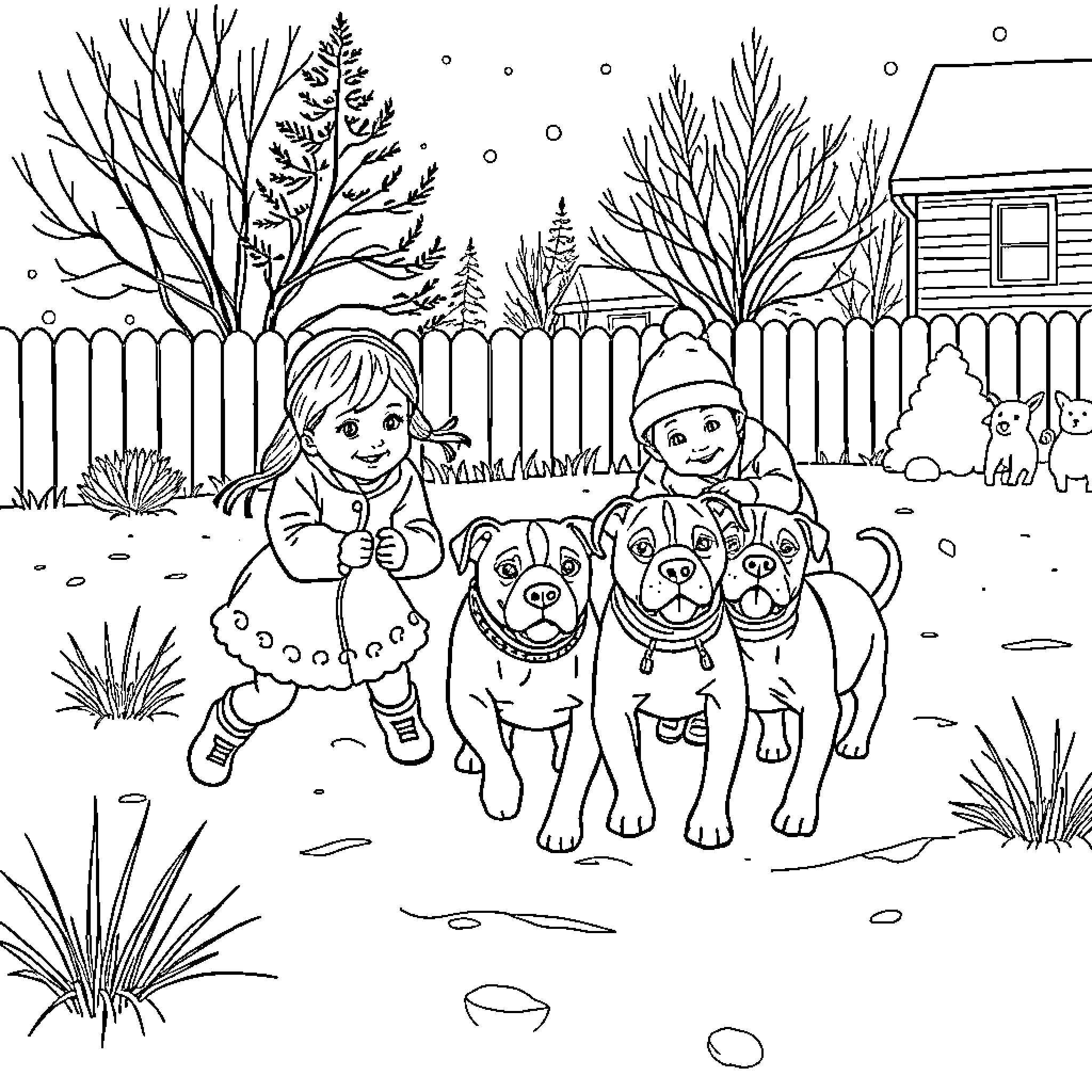 Child playing with dogs in snowy backyard Coloring Page (free black-and-white line drawing printable PDF for all, from beginners to advanced learners, including children, teens, adults, and seniors)