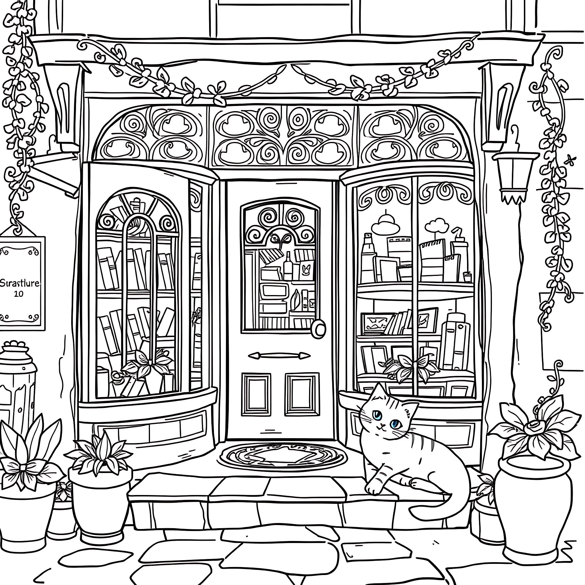 Kitty exploring the charming storefront Coloring Page (free black-and-white line drawing printable PDF for all, from beginners to advanced learners, including children, teens, adults, and seniors)