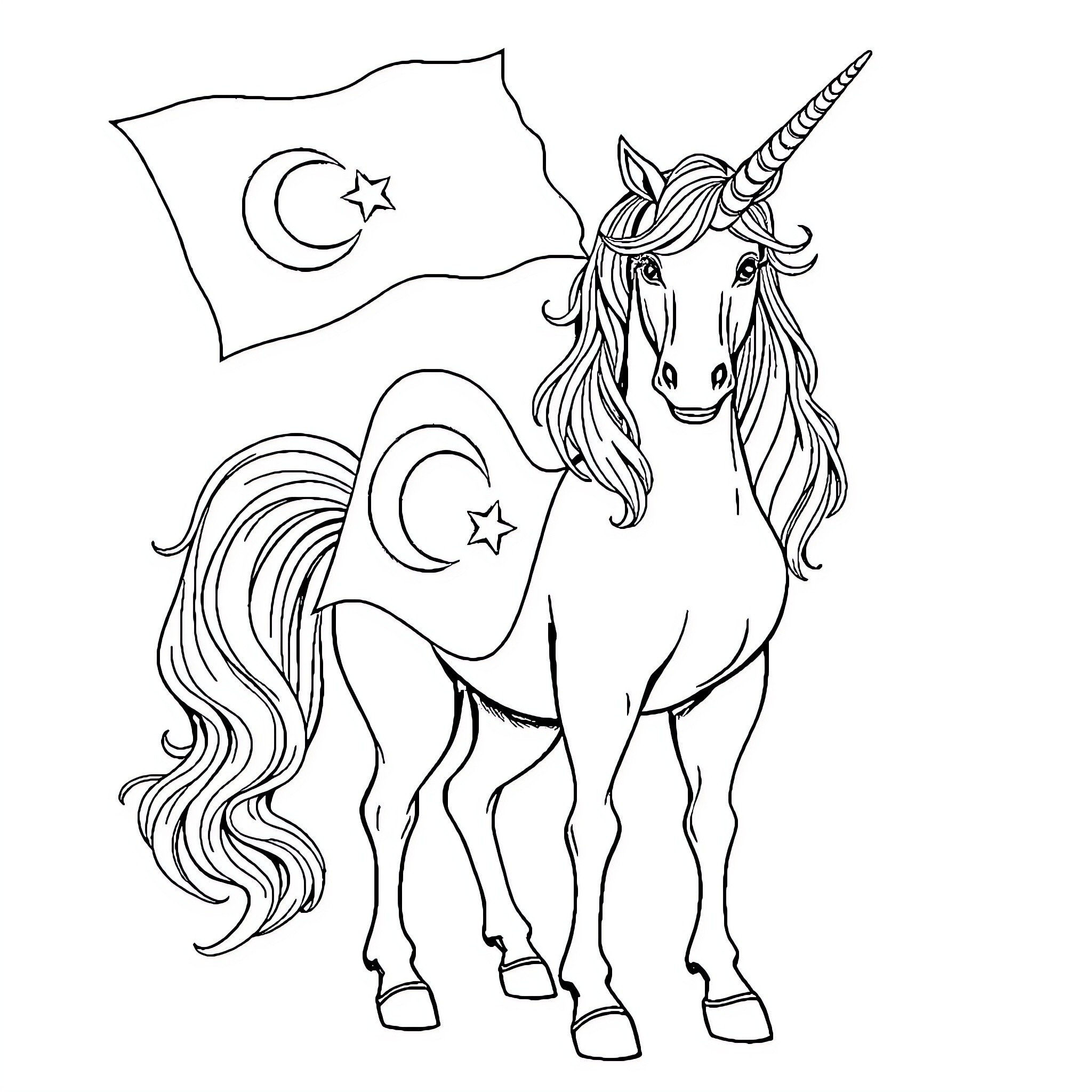 Unicorn standing proudly with crescent moon flags Coloring Page (free black-and-white line drawing printable PDF for all, from beginners to advanced learners, including children, teens, adults, and seniors)