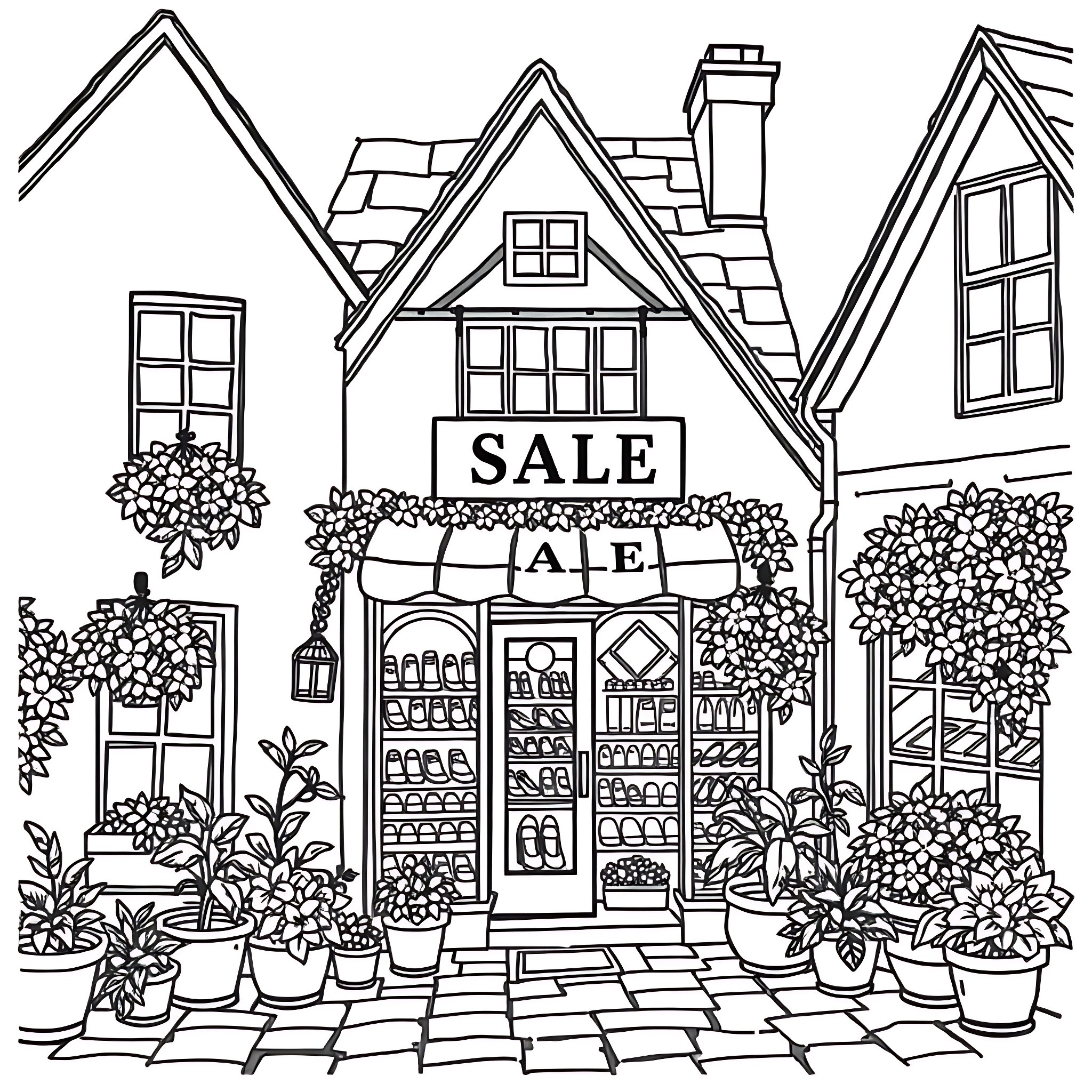 Shoe Store Front with Sale Sign and Floral Decor Coloring Page (free black-and-white line drawing printable PDF for all, from beginners to advanced learners, including children, teens, adults, and seniors)