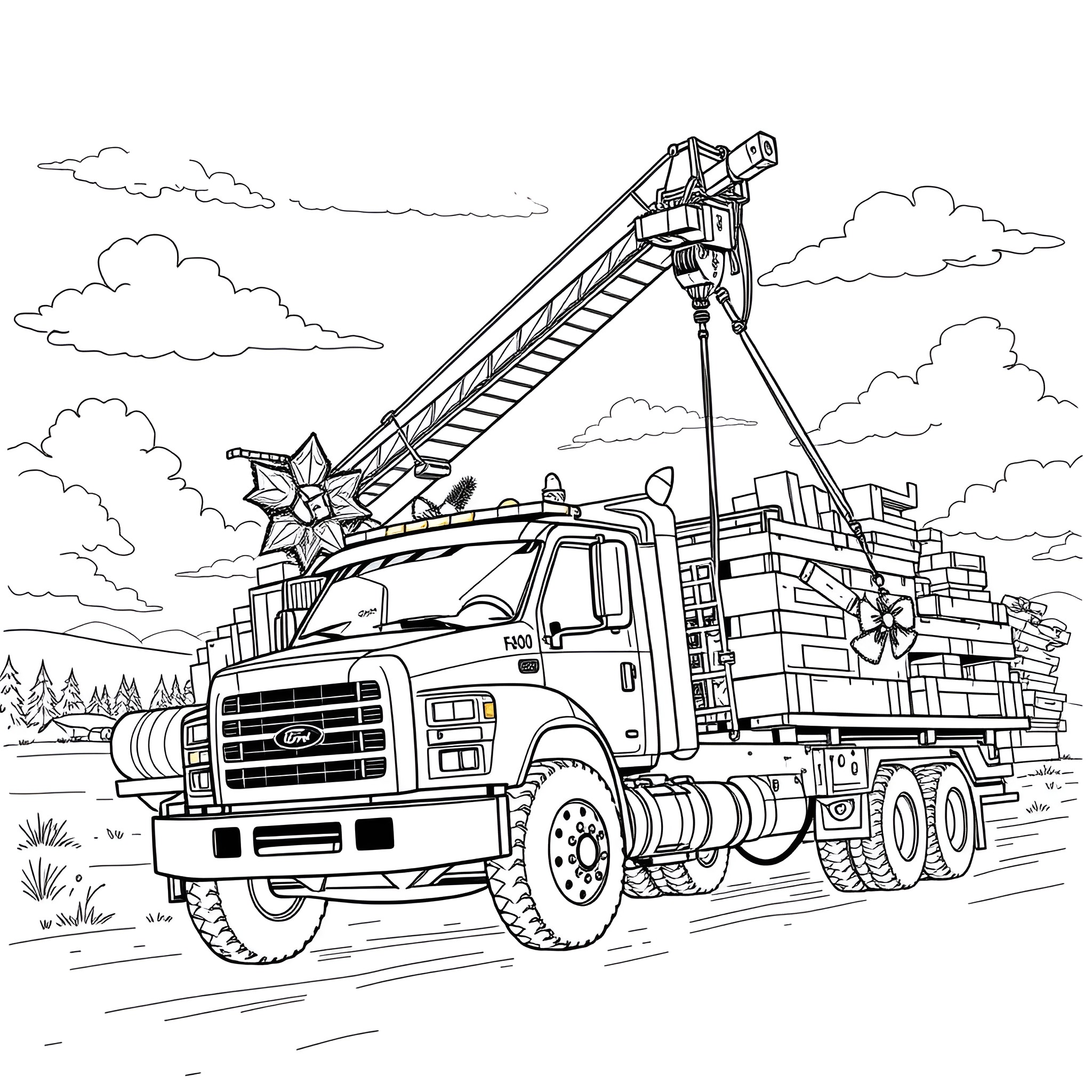 Crane truck transporting construction materials on the road Coloring Page (free black-and-white line drawing printable PDF for all, from beginners to advanced learners, including children, teens, adults, and seniors)