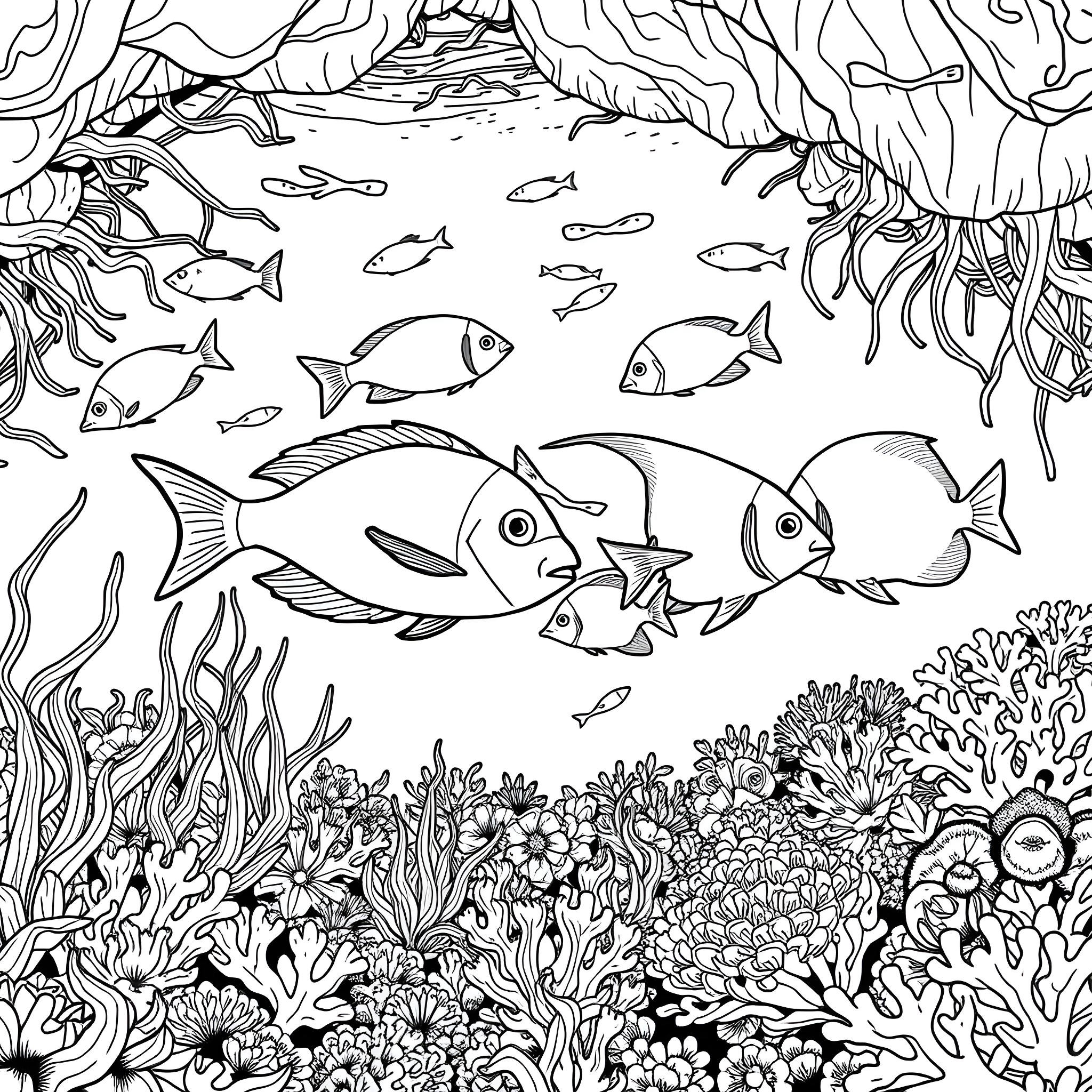 Tropical Fish Exploring the Vibrant Underwater Reef Coloring Page (free black-and-white line drawing printable PDF for all, from beginners to advanced learners, including children, teens, adults, and seniors)