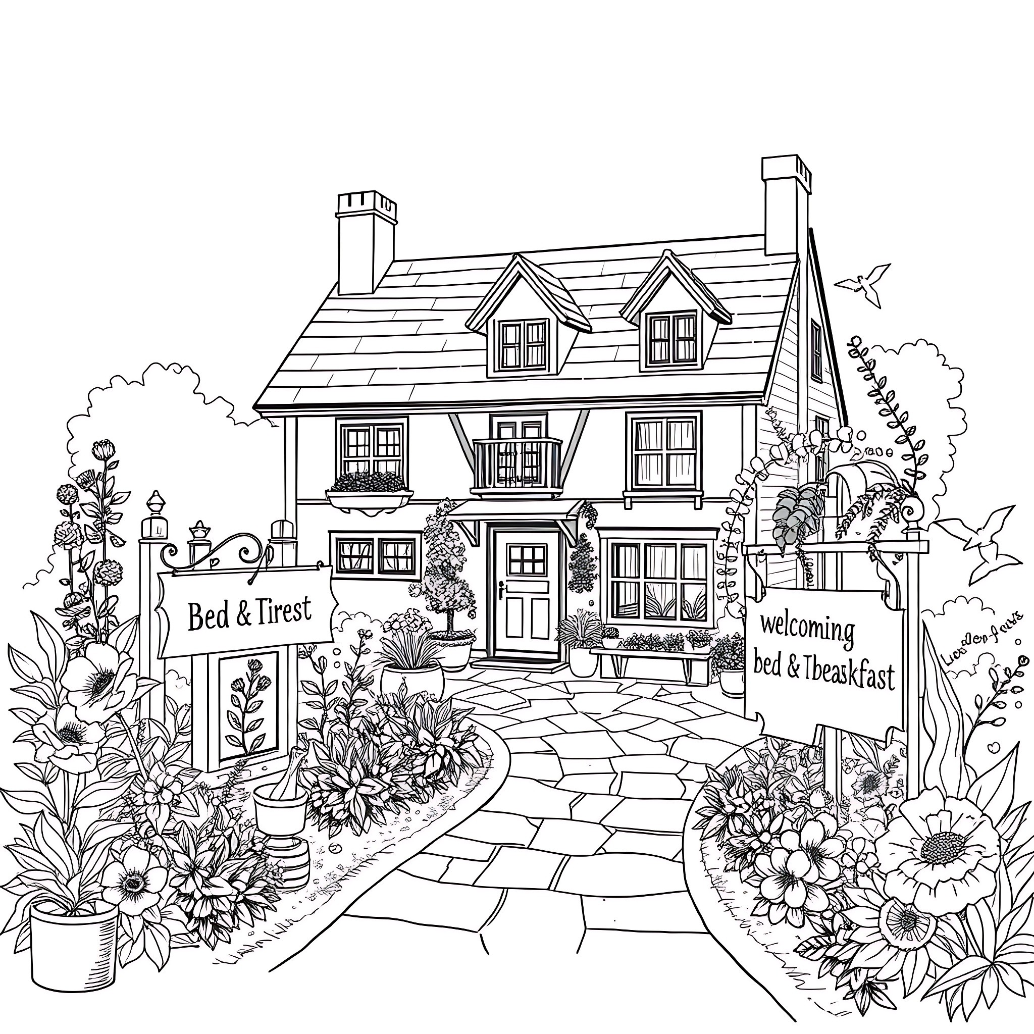 Bed and Breakfast with Welcoming Floral Decor Coloring Page (free black-and-white line drawing printable PDF for all, from beginners to advanced learners, including children, teens, adults, and seniors)