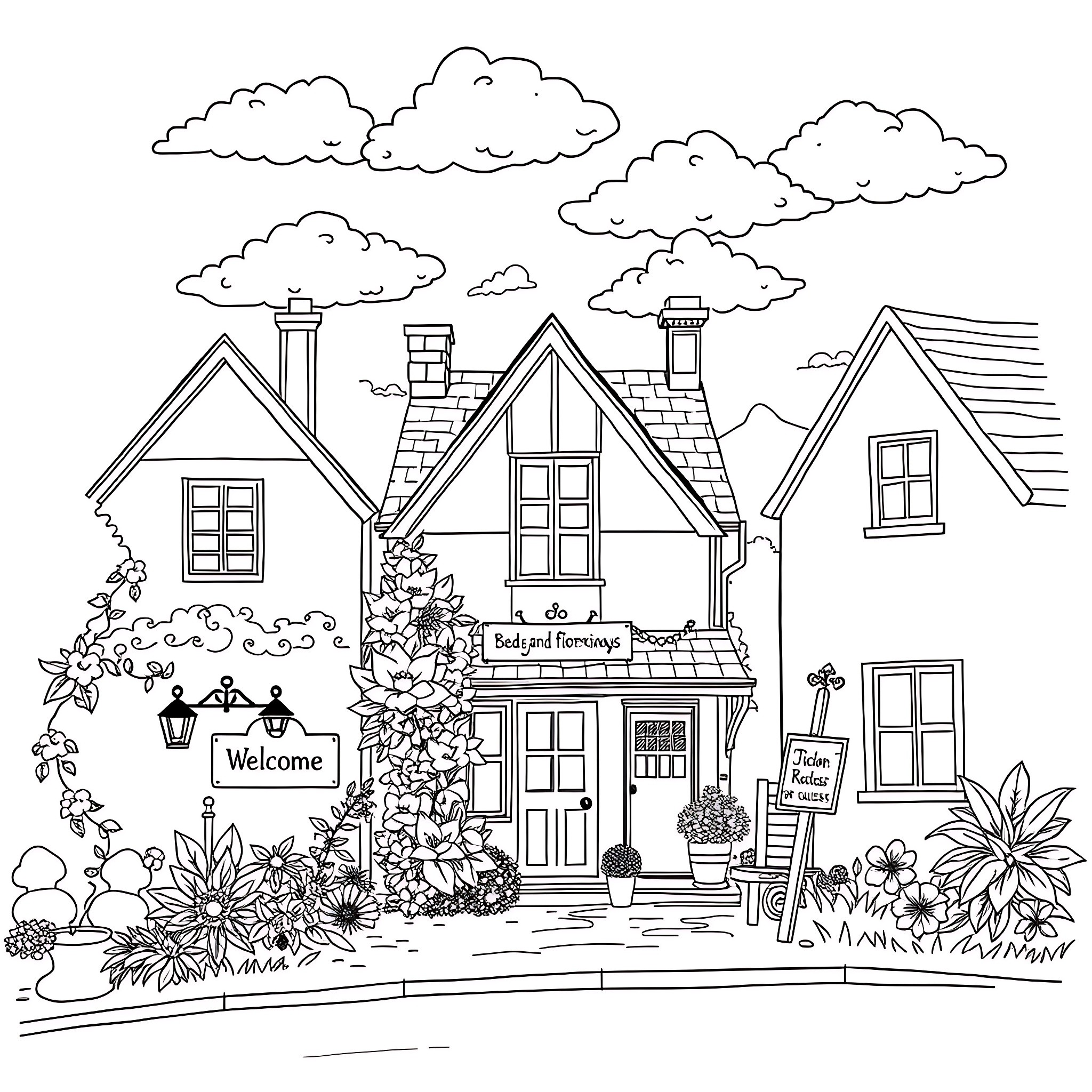 Bed and Breakfast in a Charming Country Cottage Coloring Page (free black-and-white line drawing printable PDF for all, from beginners to advanced learners, including children, teens, adults, and seniors)