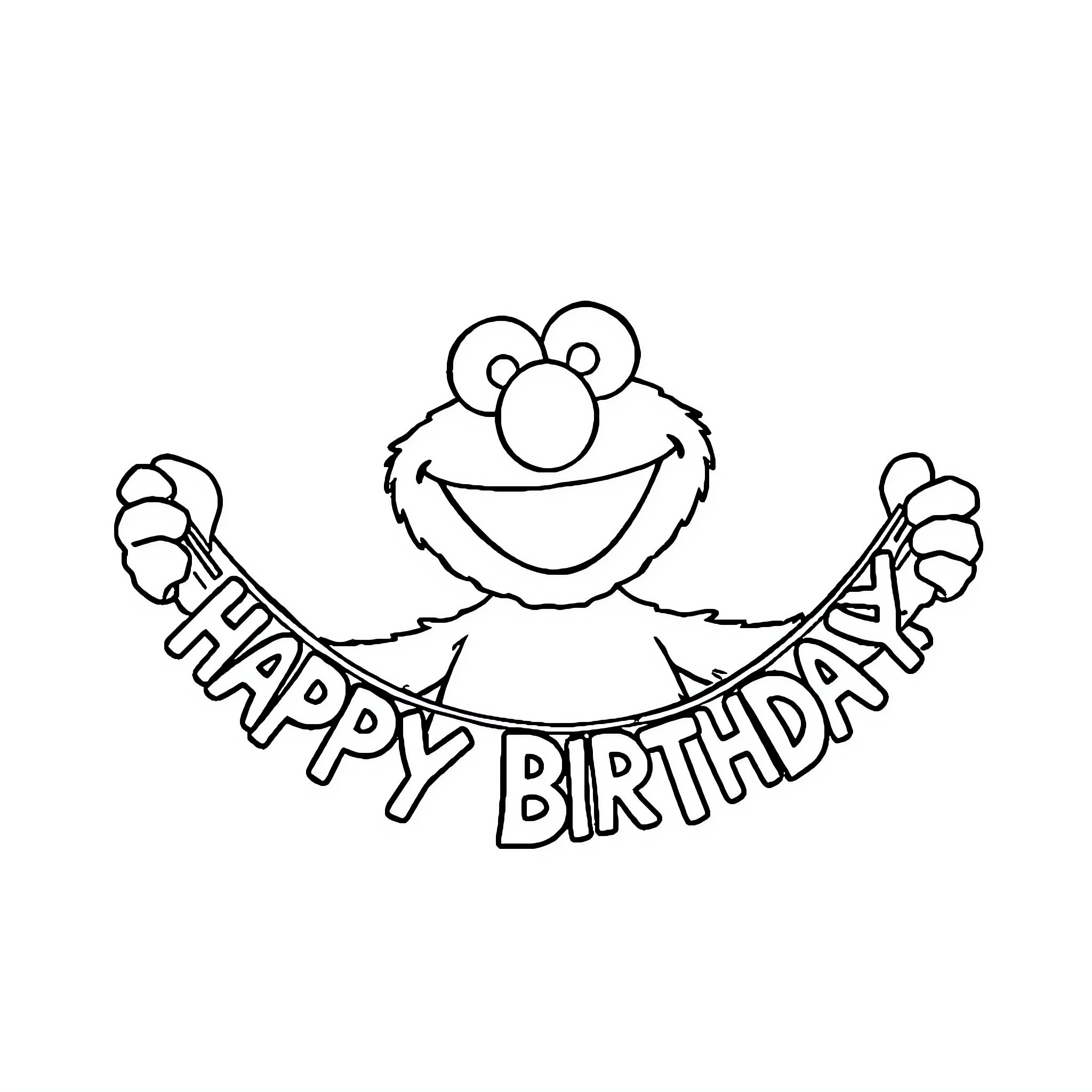 Elmo celebrating a Happy Birthday Coloring Page (free black-and-white line drawing printable PDF for all, from beginners to advanced learners, including children, teens, adults, and seniors)