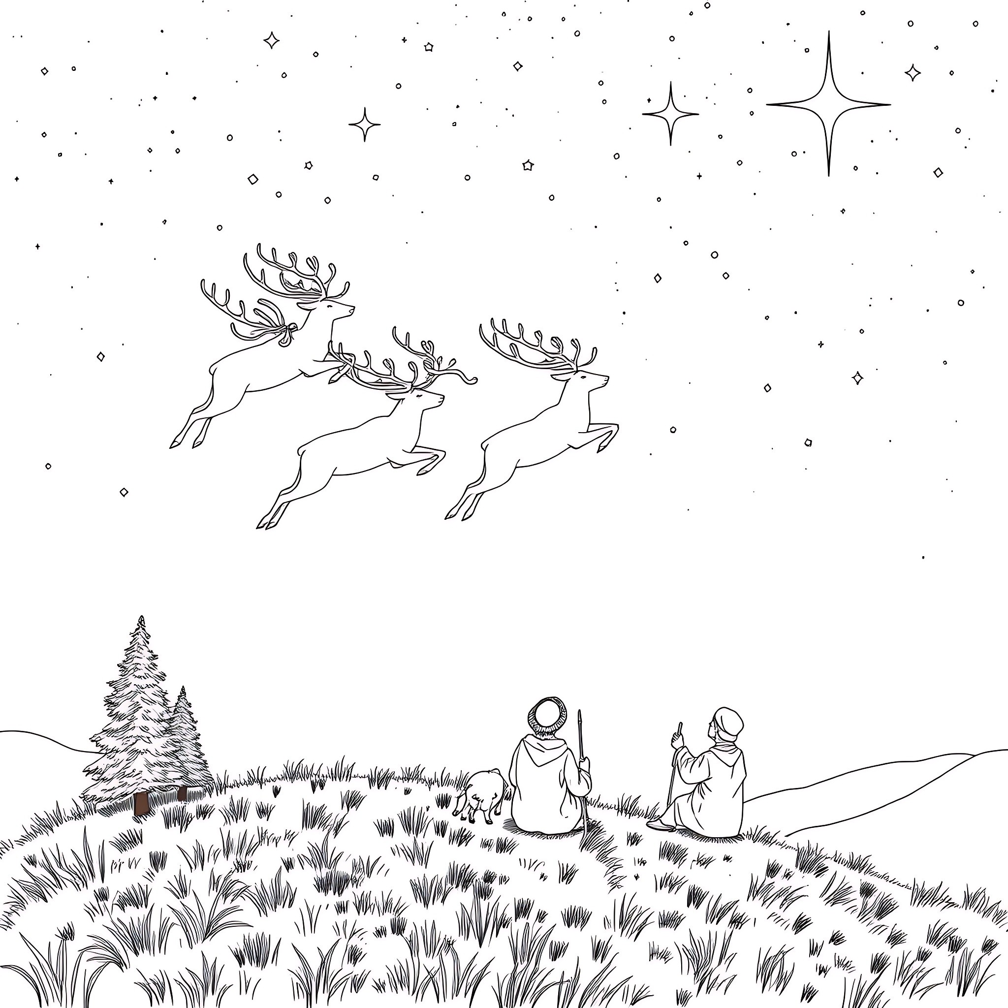 Reindeer soaring through the starry night sky Coloring Page (free black-and-white line drawing printable PDF for all, from beginners to advanced learners, including children, teens, adults, and seniors)