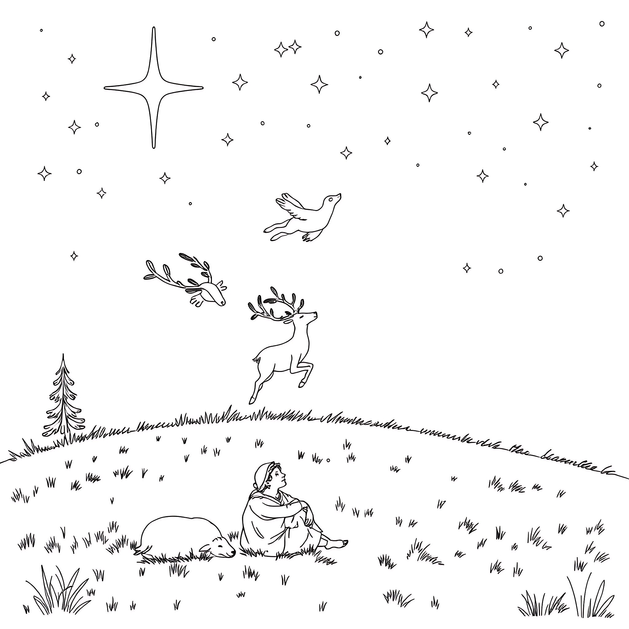 Reindeer and friends in the starry night Coloring Page (free black-and-white line drawing printable PDF for all, from beginners to advanced learners, including children, teens, adults, and seniors)