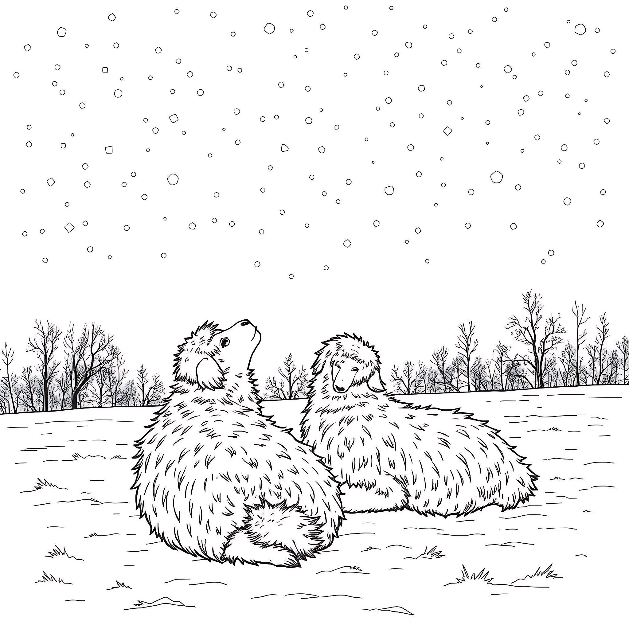 Shepherd dogs in a snowy winter landscape Coloring Page (free black-and-white line drawing printable PDF for all, from beginners to advanced learners, including children, teens, adults, and seniors)