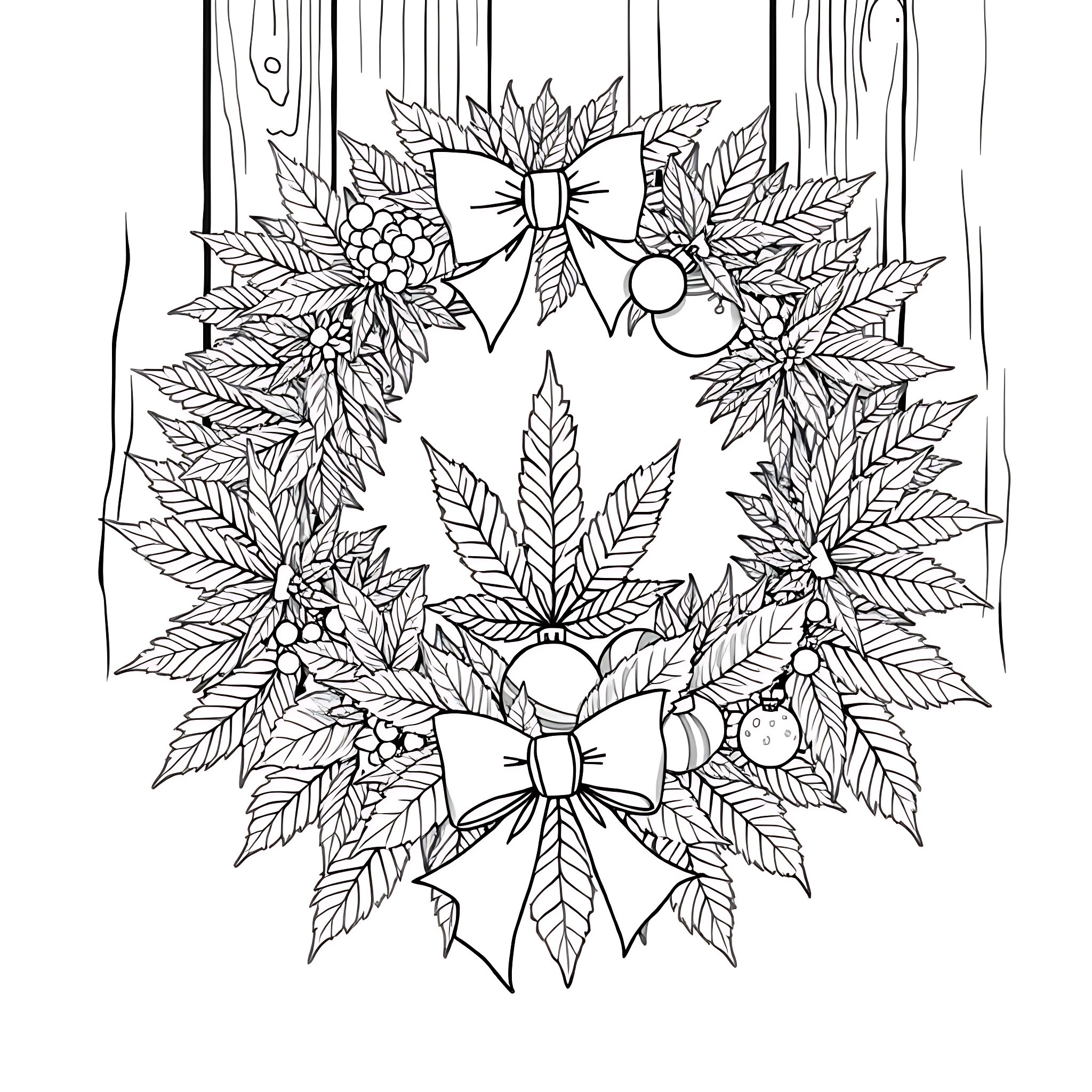 Wreath with Festive Decorations and Leaves Coloring Page (free black-and-white line drawing printable PDF for all, from beginners to advanced learners, including children, teens, adults, and seniors)