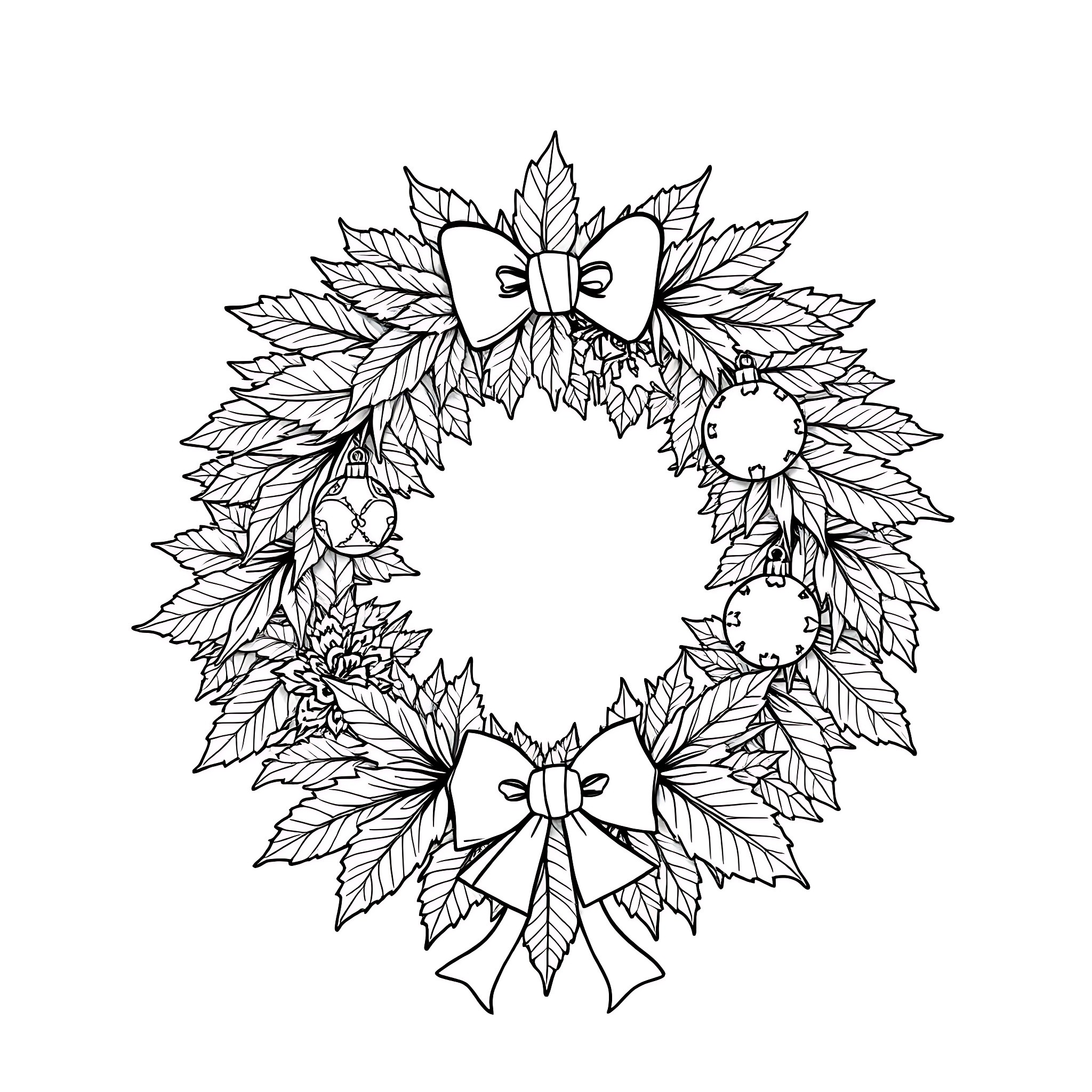 Wreath with Decorative Bows and Leaves Coloring Page (free black-and-white line drawing printable PDF for all, from beginners to advanced learners, including children, teens, adults, and seniors)