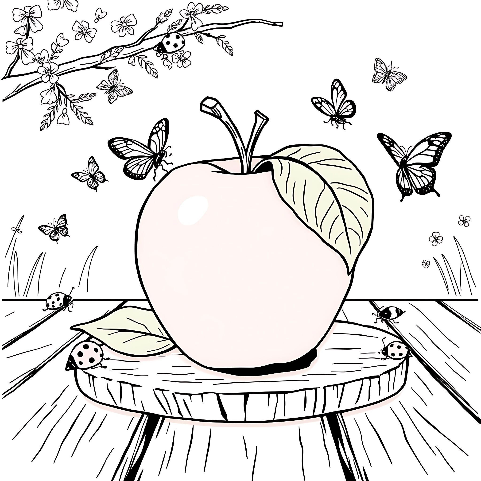Apple with butterflies and flowers in the garden Coloring Page (free black-and-white line drawing printable PDF for all, from beginners to advanced learners, including children, teens, adults, and seniors)
