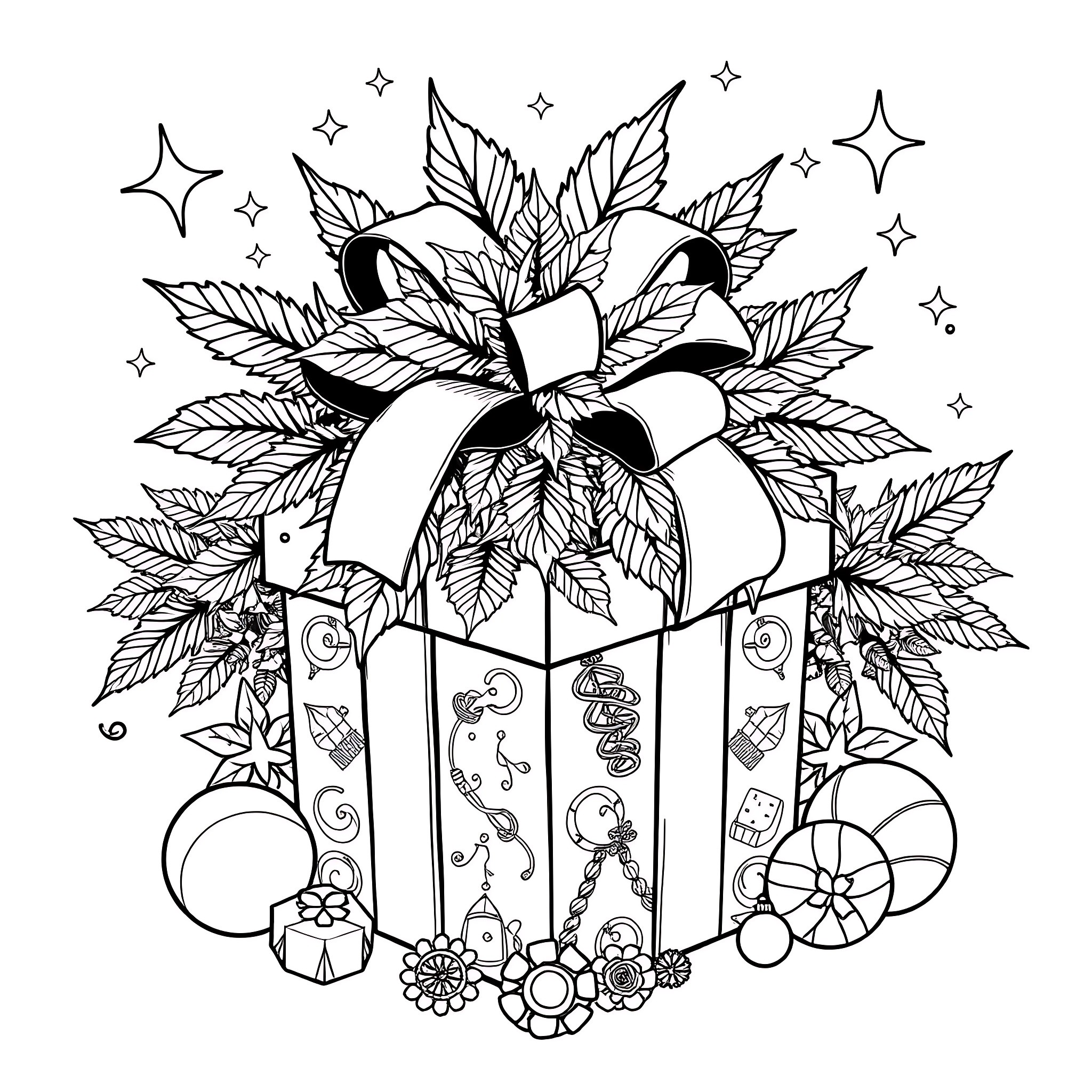 Bow adorned with leaves and floral elements Coloring Page (free black-and-white line drawing printable PDF for all, from beginners to advanced learners, including children, teens, adults, and seniors)