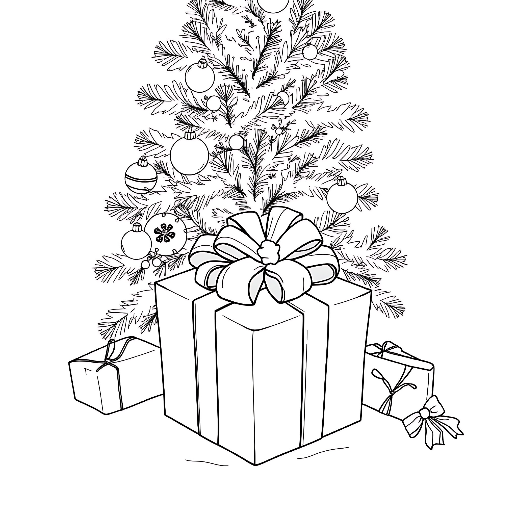 Present decorated Christmas tree with gifts Coloring Page (free black-and-white line drawing printable PDF for all, from beginners to advanced learners, including children, teens, adults, and seniors)