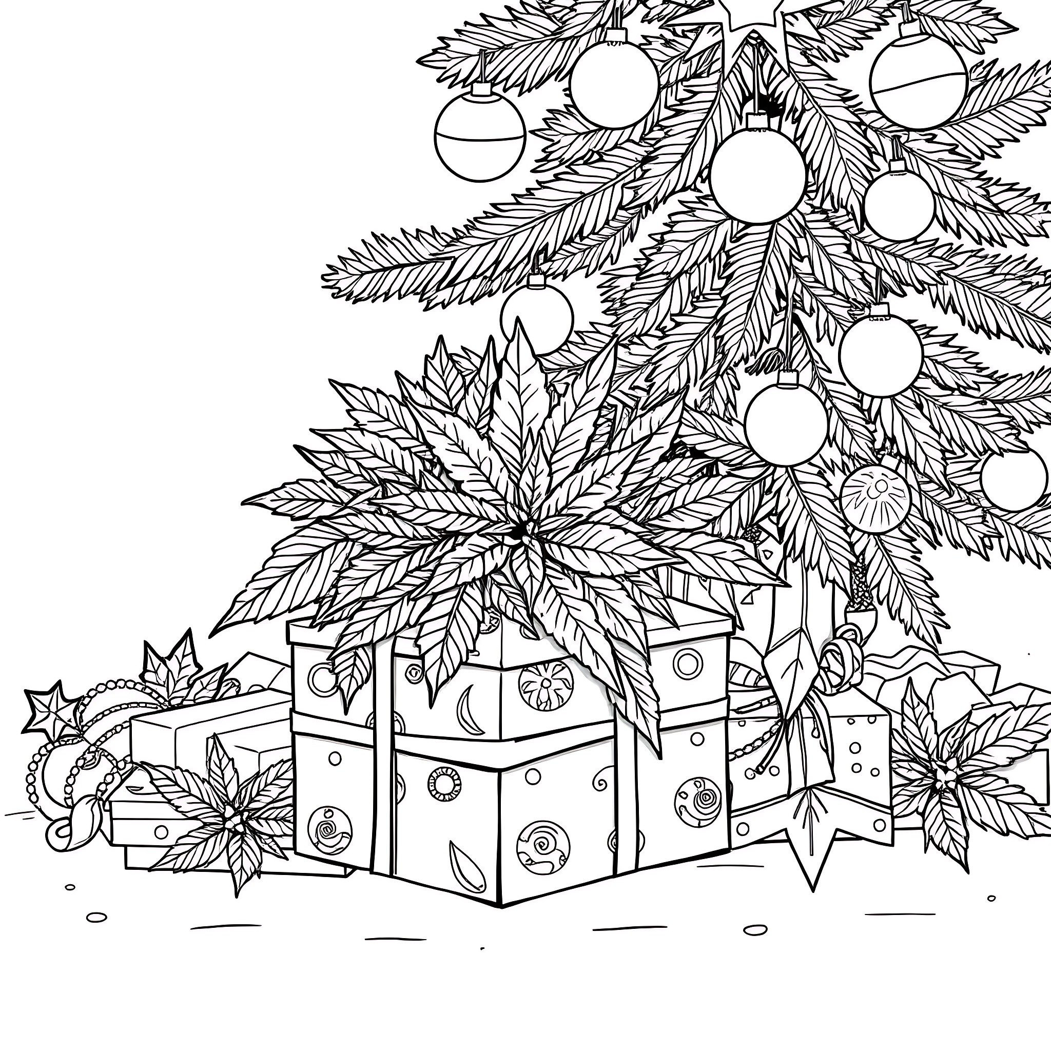 Present holiday scene with wrapped gifts and Christmas tree Coloring Page (free black-and-white line drawing printable PDF for all, from beginners to advanced learners, including children, teens, adults, and seniors)