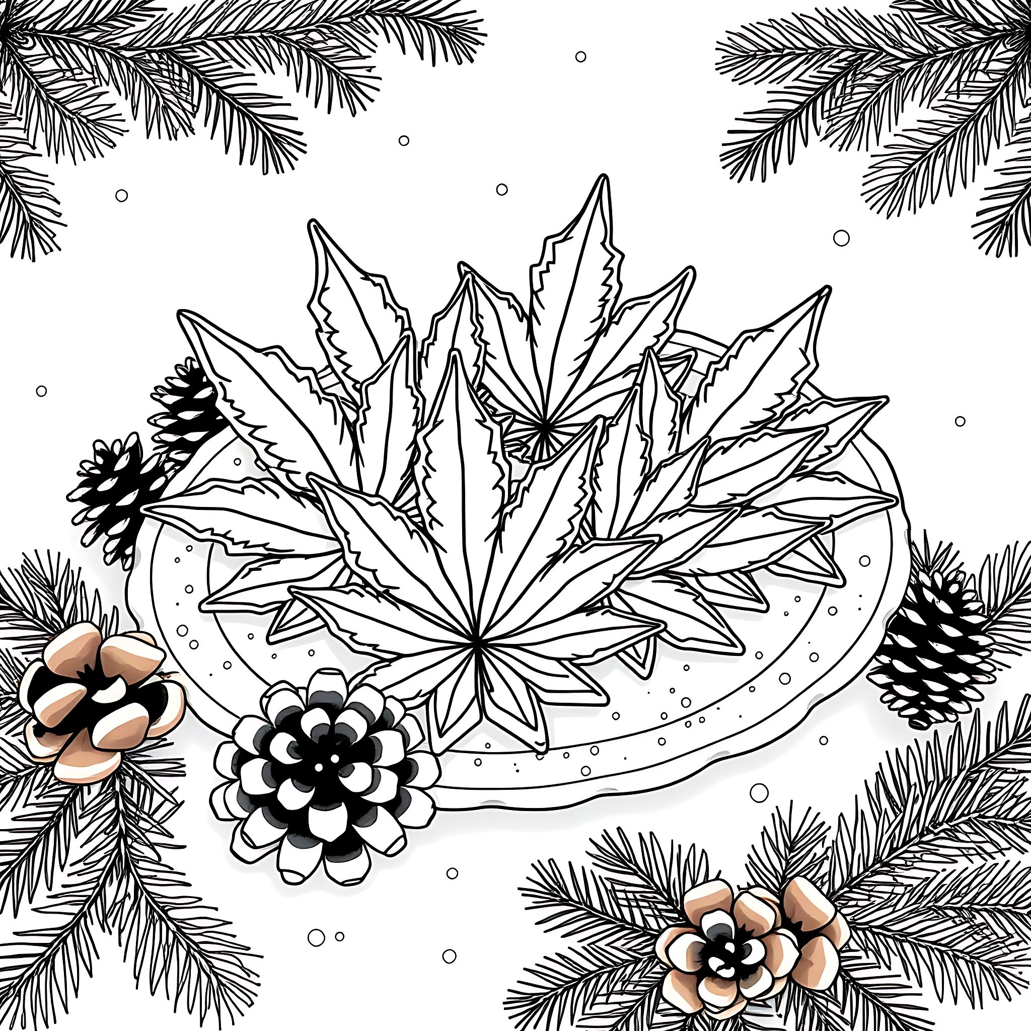 Cannabis Leaves Surrounded by Pine Branches and Pinecones Coloring Page (free black-and-white line drawing printable PDF for all, from beginners to advanced learners, including children, teens, adults, and seniors)