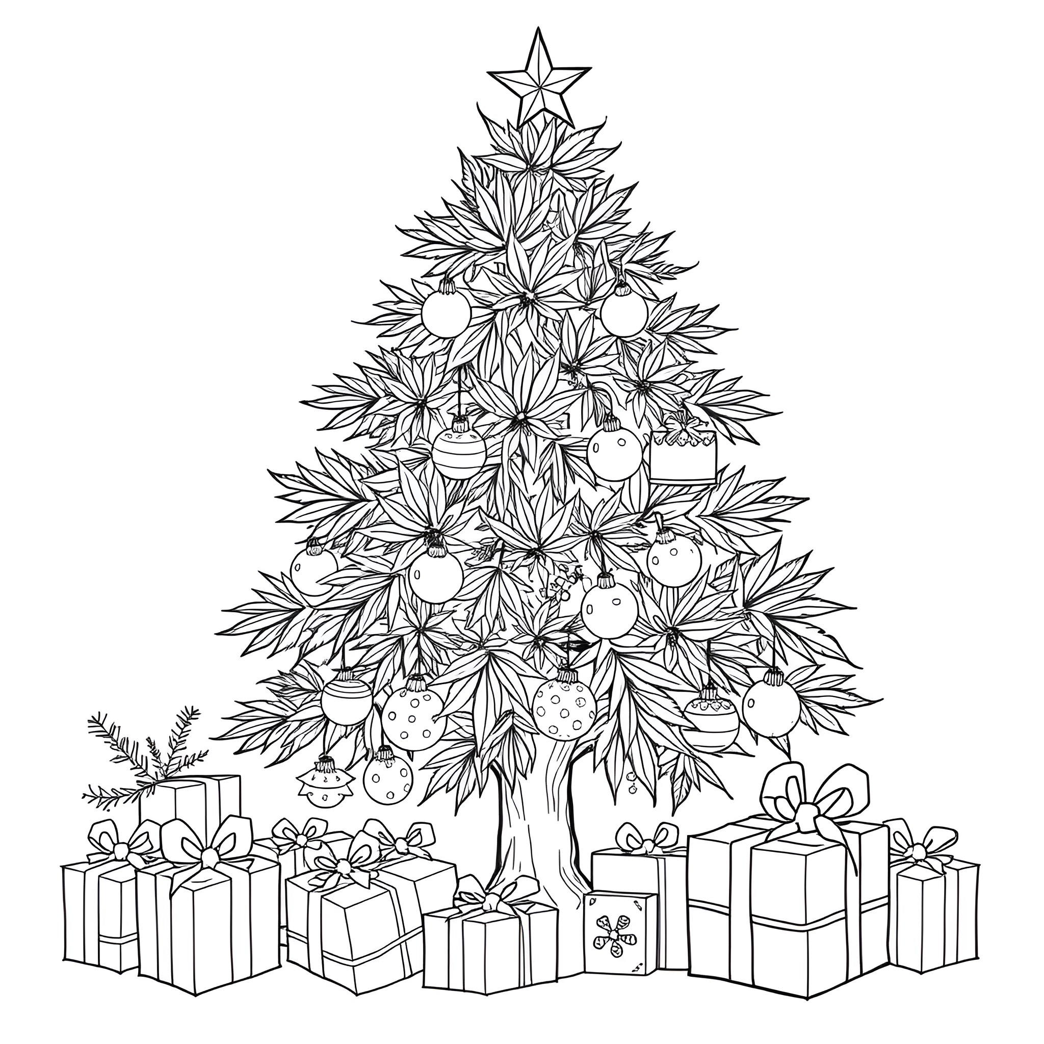 Cannabis Christmas tree decorated with ornaments Coloring Page (free black-and-white line drawing printable PDF for all, from beginners to advanced learners, including children, teens, adults, and seniors)