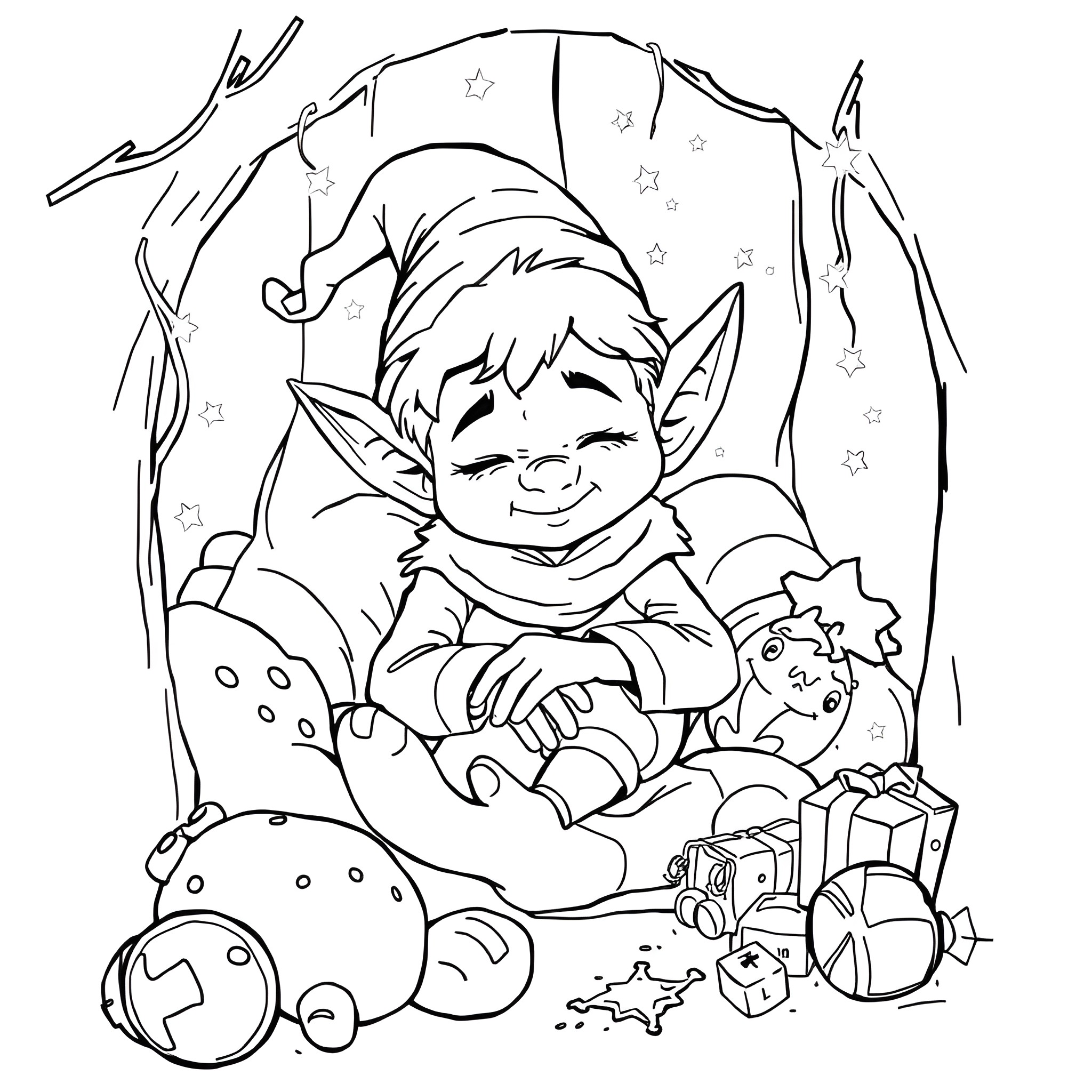 Elf happily playing with toys in the magical forest Coloring Page (free black-and-white line drawing printable PDF for all, from beginners to advanced learners, including children, teens, adults, and seniors)