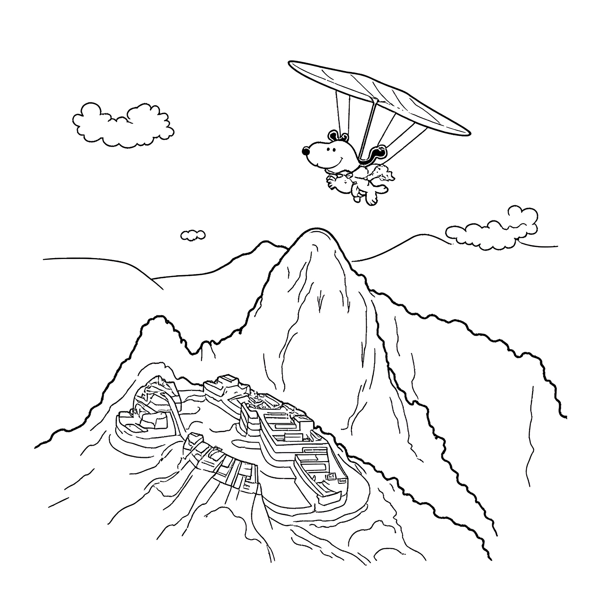Snoopy soaring over a scenic mountain landscape Coloring Page (free black-and-white line drawing printable PDF for all, from beginners to advanced learners, including children, teens, adults, and seniors)