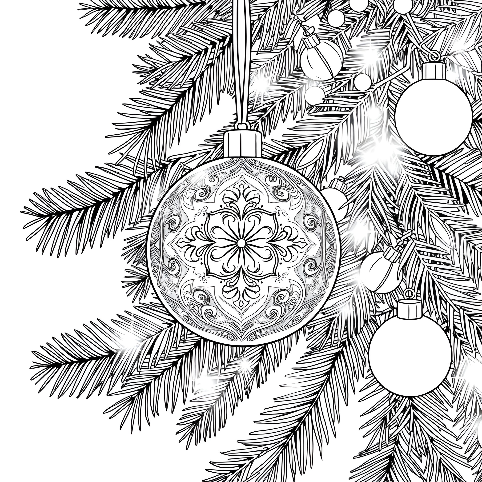 Bauble Ornaments Decorating Christmas Tree Coloring Page (free black-and-white line drawing printable PDF for all, from beginners to advanced learners, including children, teens, adults, and seniors)
