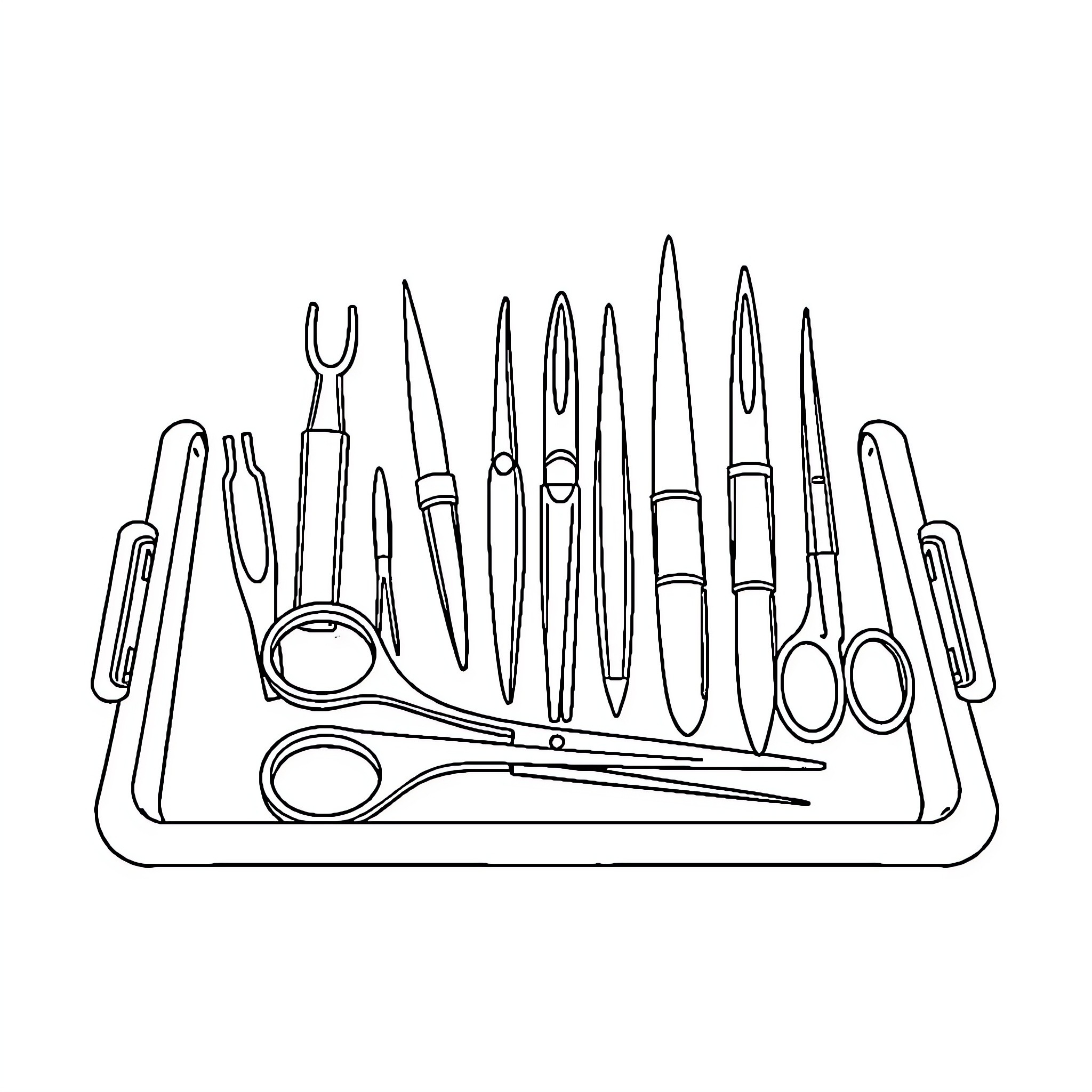 Surgical Instruments Arranged on a Tray Coloring Page (free black-and-white line drawing printable PDF for all, from beginners to advanced learners, including children, teens, adults, and seniors)