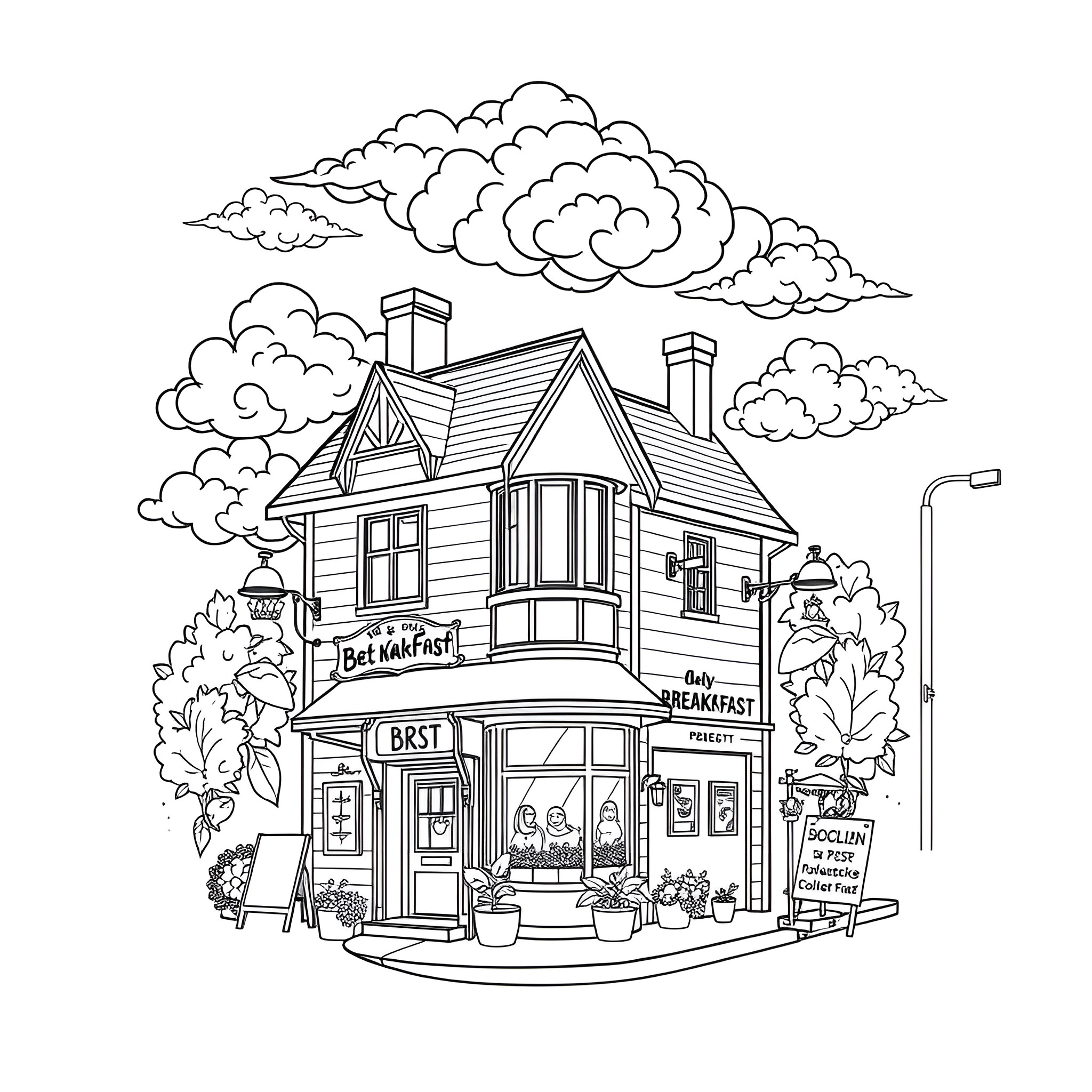 Bed and Breakfast in a Quaint Neighborhood Coloring Page (free black-and-white line drawing printable PDF for all, from beginners to advanced learners, including children, teens, adults, and seniors)