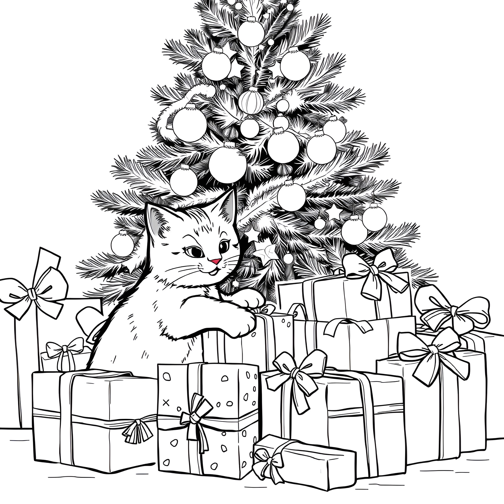 Cat admiring decorated Christmas tree with presents Coloring Page (free black-and-white line drawing printable PDF for all, from beginners to advanced learners, including children, teens, adults, and seniors)