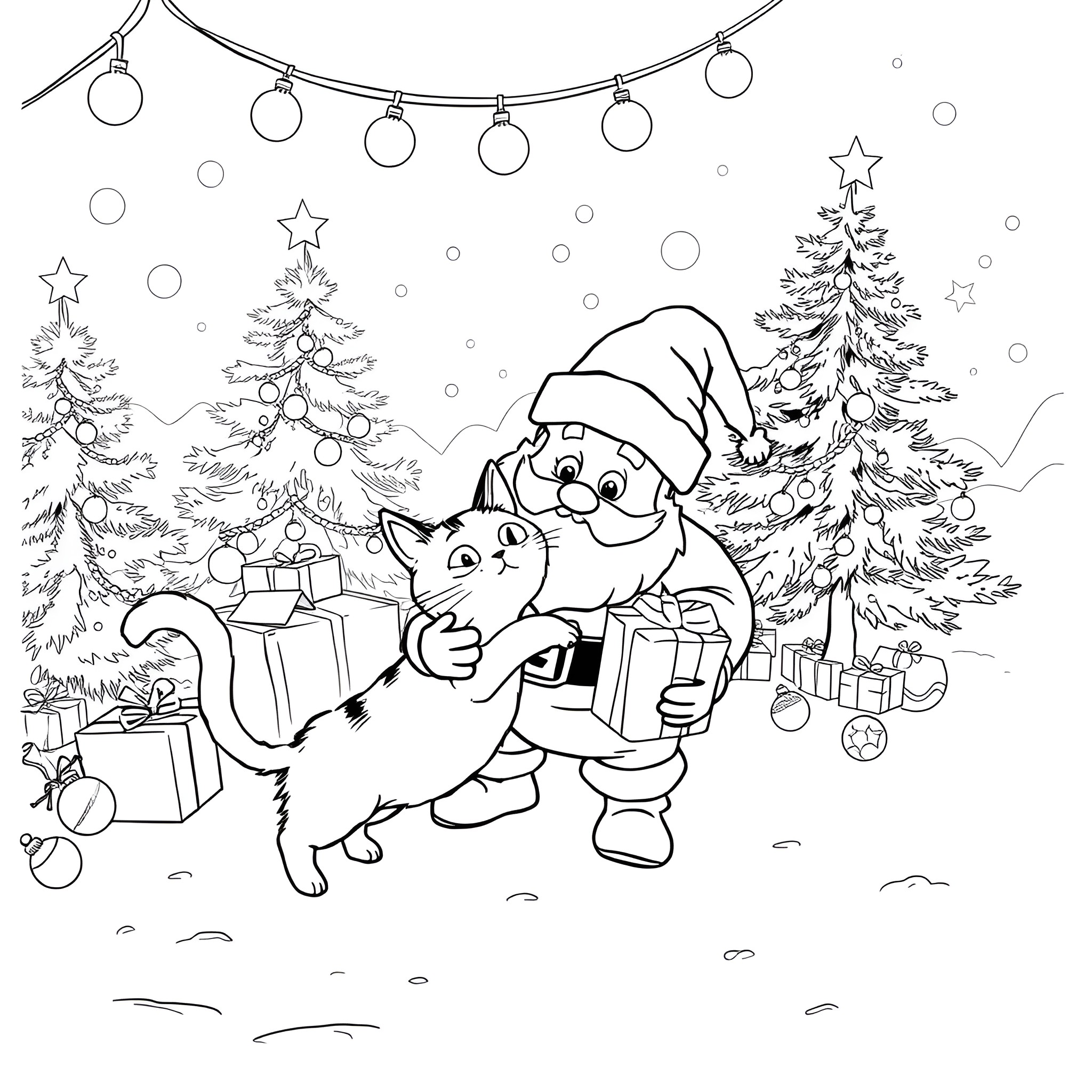 Cat and Santa in a winter wonderland Coloring Page (free black-and-white line drawing printable PDF for all, from beginners to advanced learners, including children, teens, adults, and seniors)