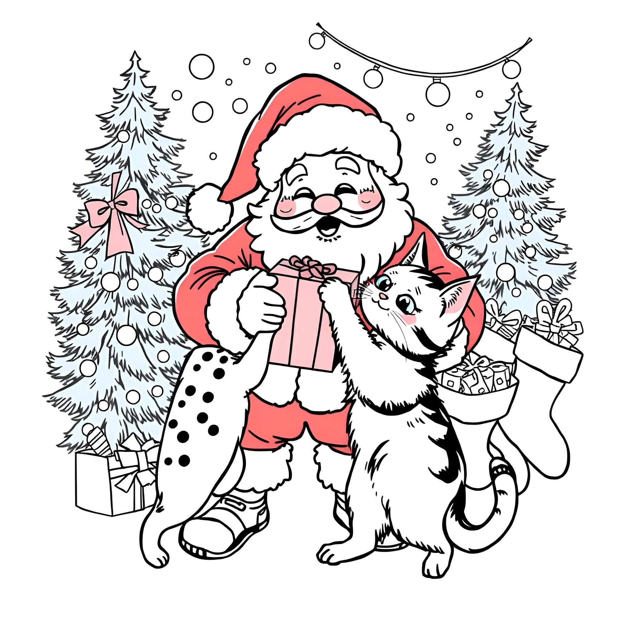 Cat with Santa Claus in winter wonderland Coloring Page (free black-and-white line drawing printable PDF for all, from beginners to advanced learners, including children, teens, adults, and seniors)