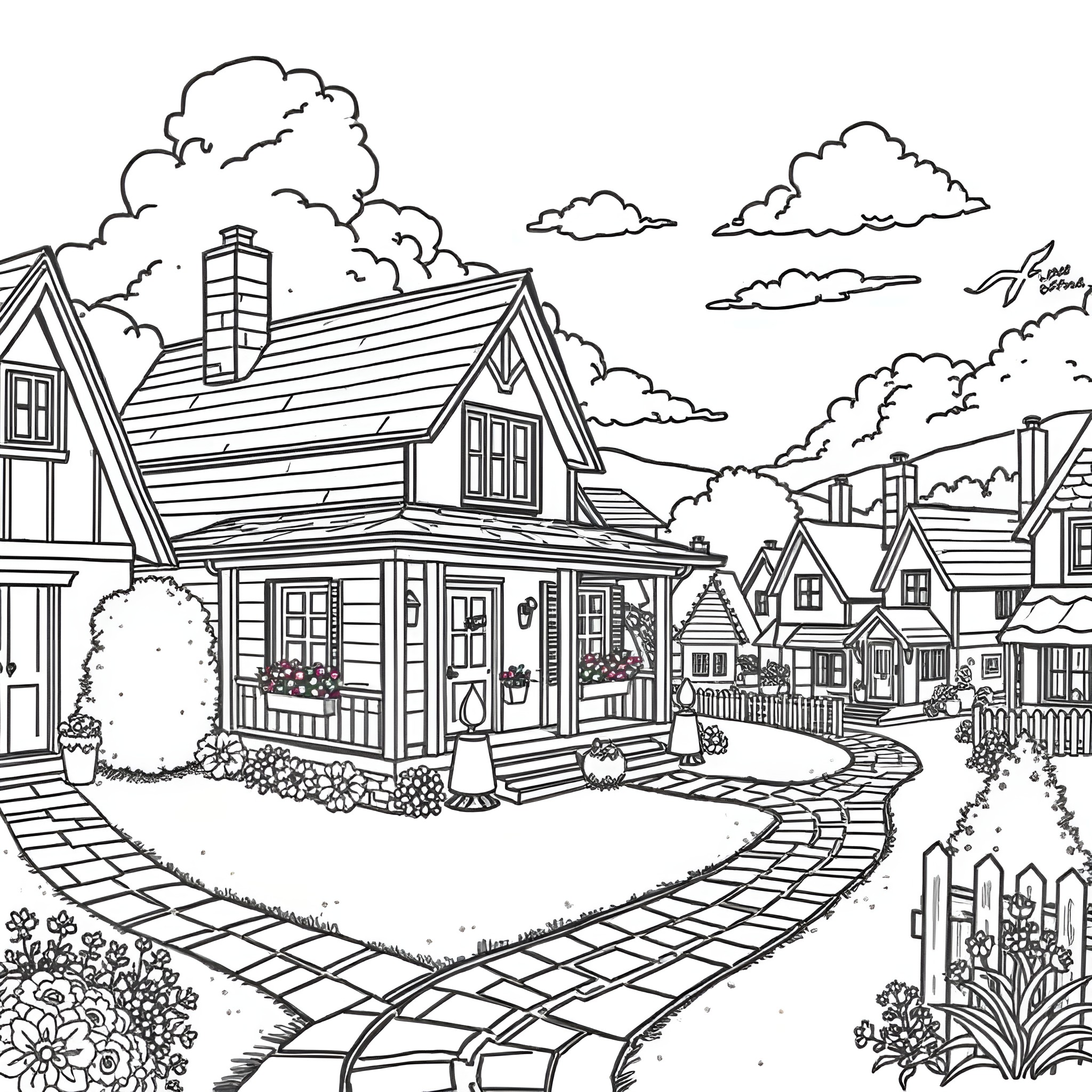 Bed and Breakfast in a Serene Village Landscape Coloring Page (free black-and-white line drawing printable PDF for all, from beginners to advanced learners, including children, teens, adults, and seniors)