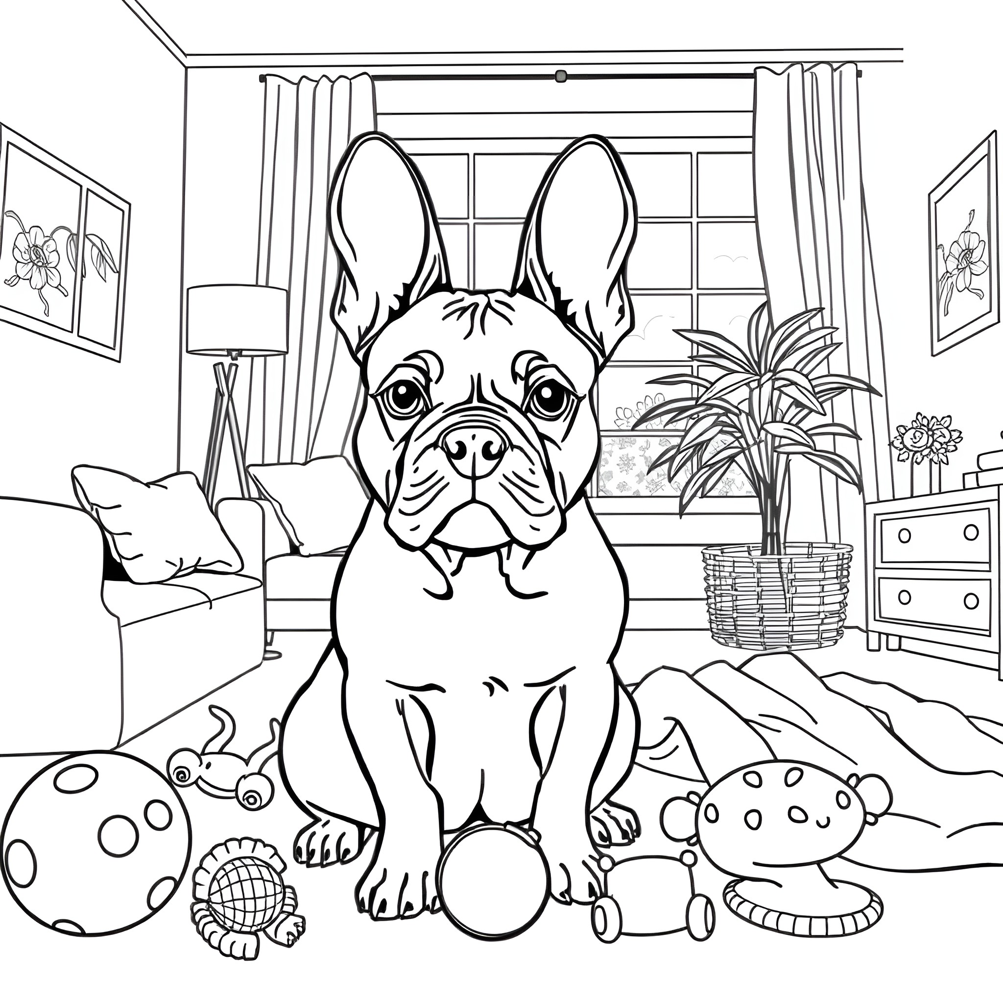 French Bulldog relaxing in cozy home interior Coloring Page (free black-and-white line drawing printable PDF for all, from beginners to advanced learners, including children, teens, adults, and seniors)