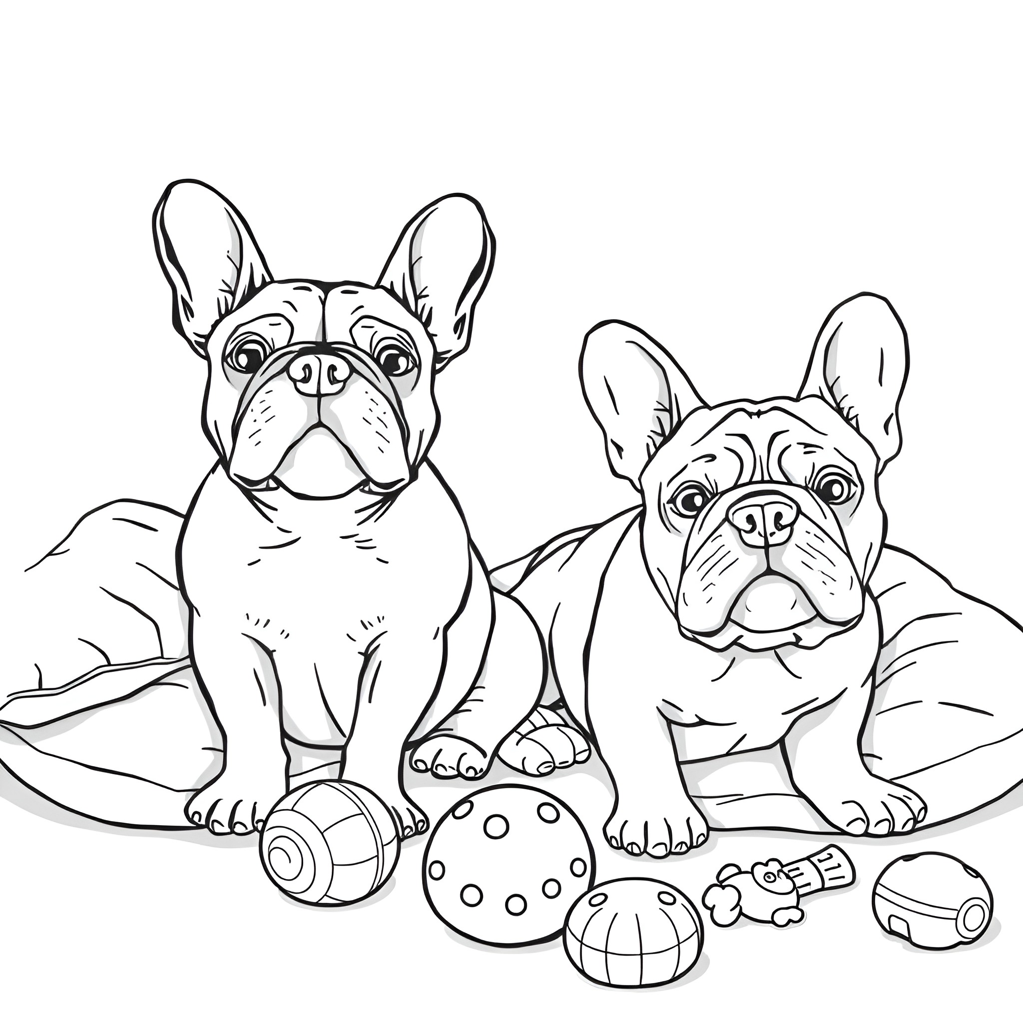 Bulldog Pals Playing with Toys Coloring Page (free black-and-white line drawing printable PDF for all, from beginners to advanced learners, including children, teens, adults, and seniors)