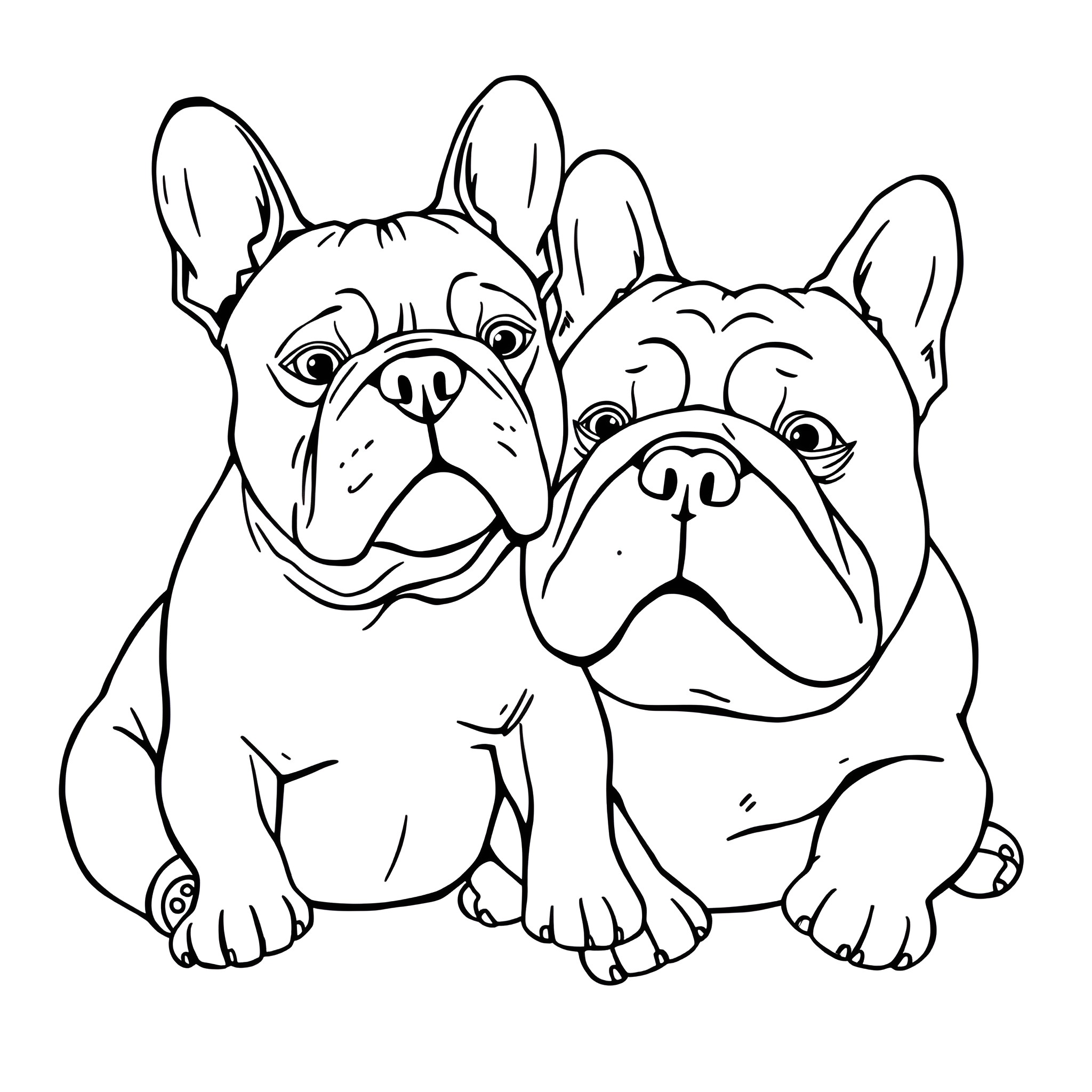 Bulldog companions sitting together Coloring Page (free black-and-white line drawing printable PDF for all, from beginners to advanced learners, including children, teens, adults, and seniors)