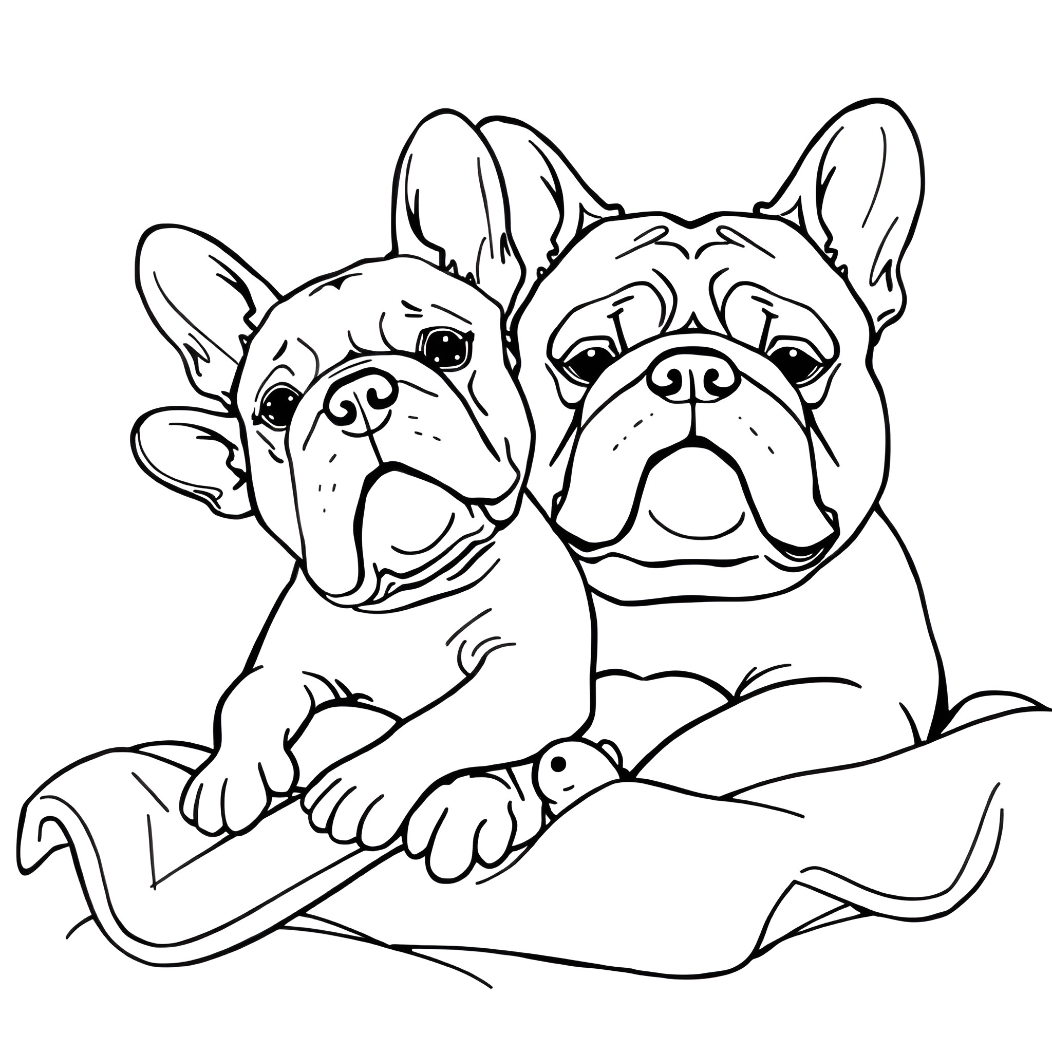 Bulldog puppies cuddling Coloring Page (free black-and-white line drawing printable PDF for all, from beginners to advanced learners, including children, teens, adults, and seniors)
