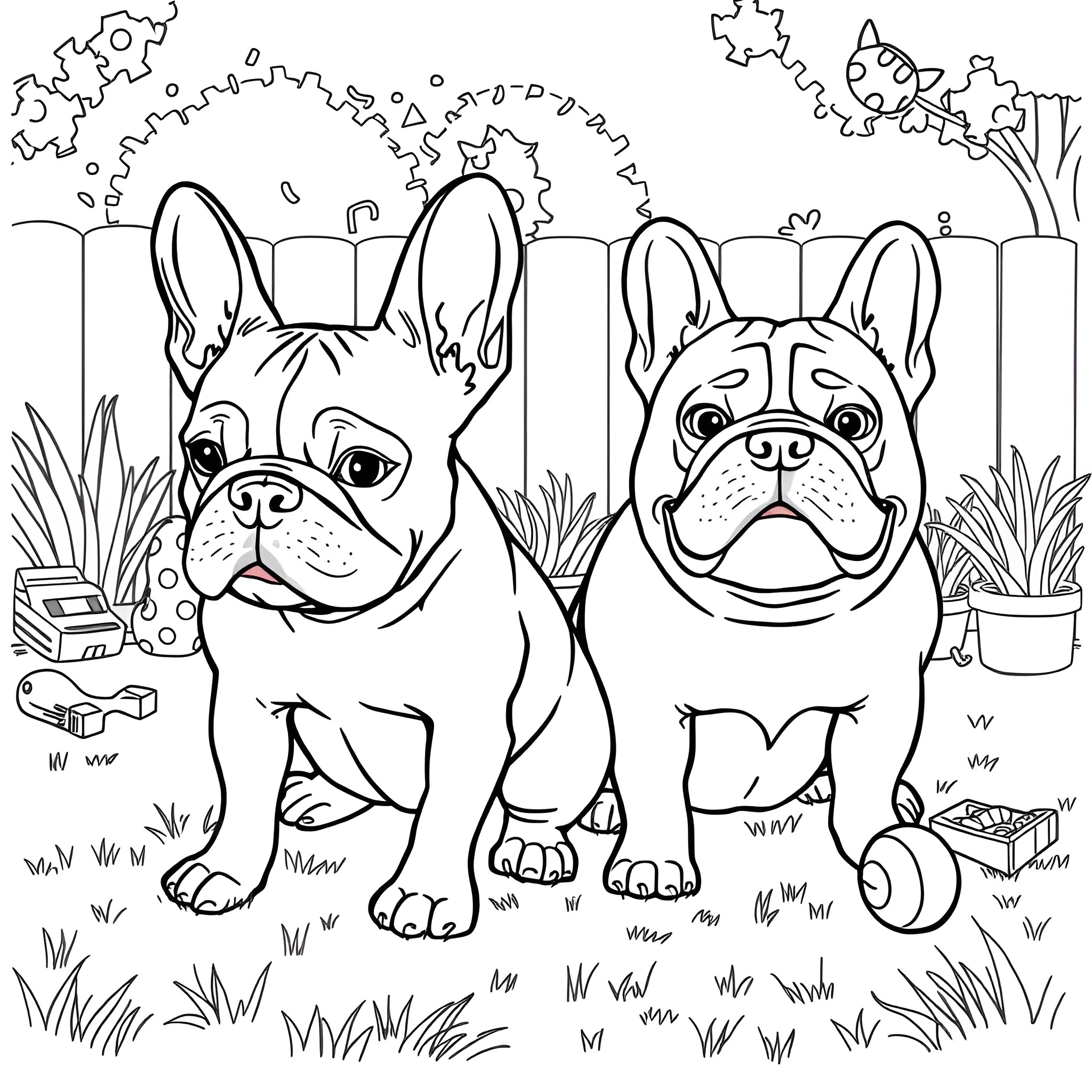 Bulldog friends exploring the backyard Coloring Page (free black-and-white line drawing printable PDF for all, from beginners to advanced learners, including children, teens, adults, and seniors)
