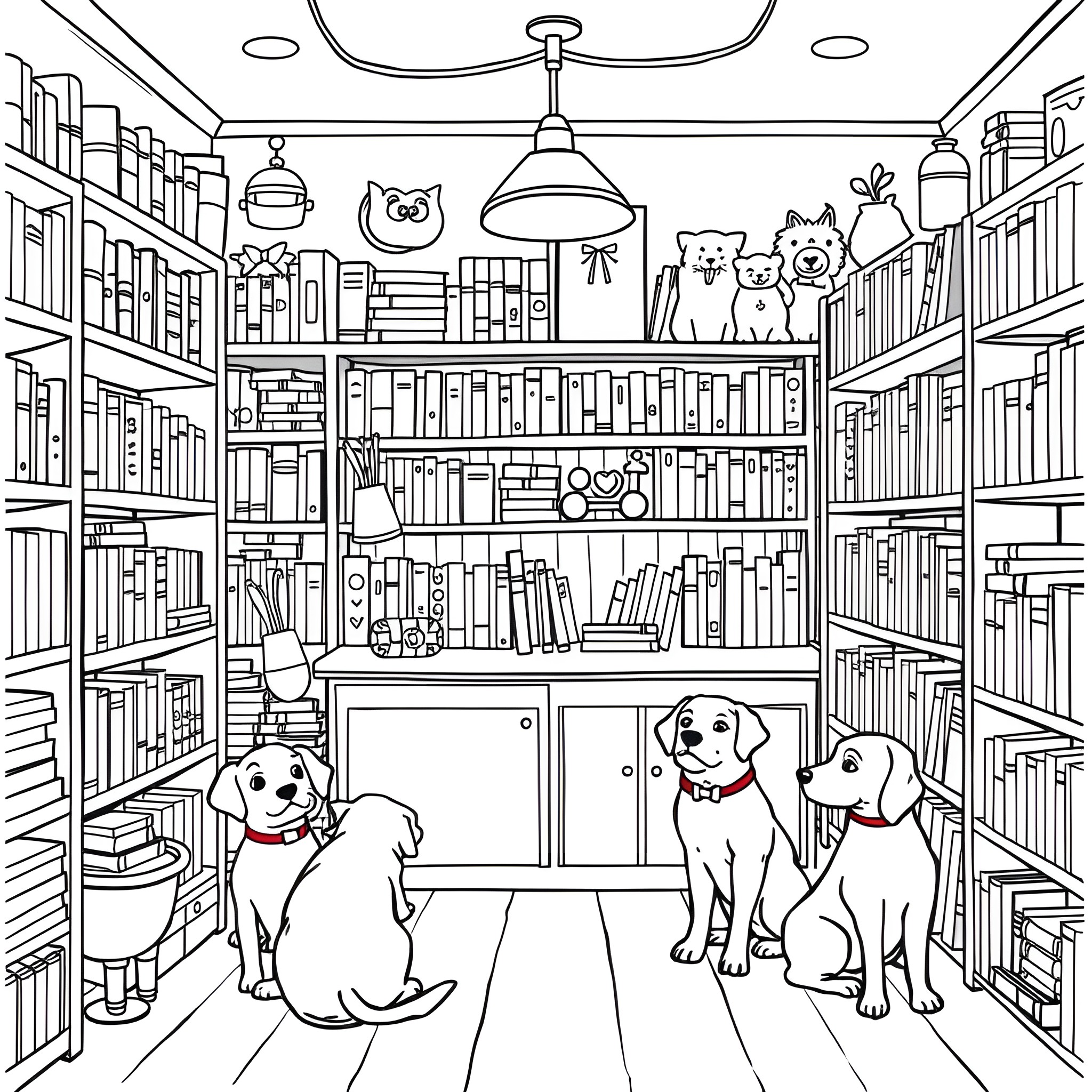 Book Dog: Library Companions Enjoy Cozy Reading Nook Coloring Page (free black-and-white line drawing printable PDF for all, from beginners to advanced learners, including children, teens, adults, and seniors)