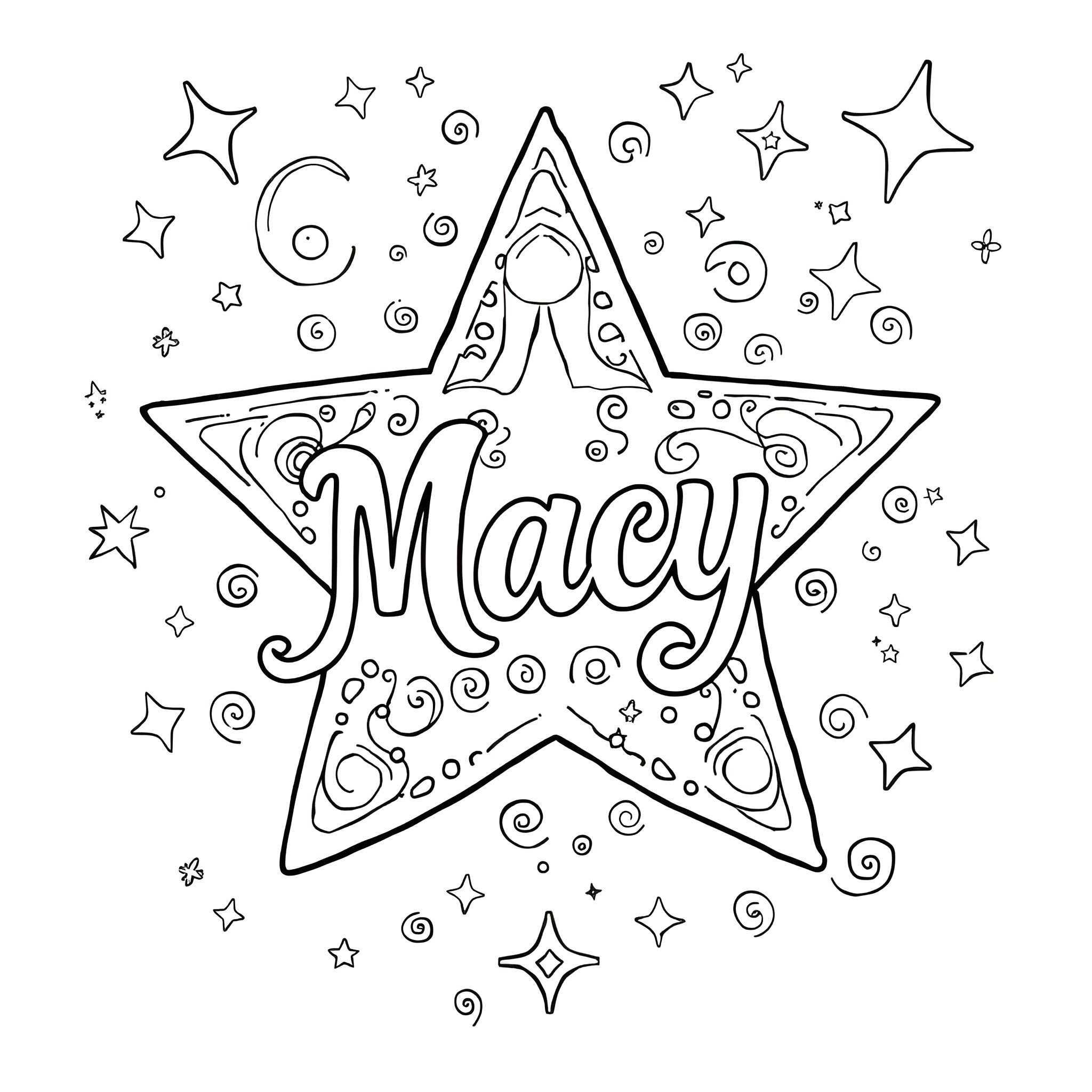 Star Name in Decorative Border with Swirls and Stars Coloring Page (free black-and-white line drawing printable PDF for all, from beginners to advanced learners, including children, teens, adults, and seniors)