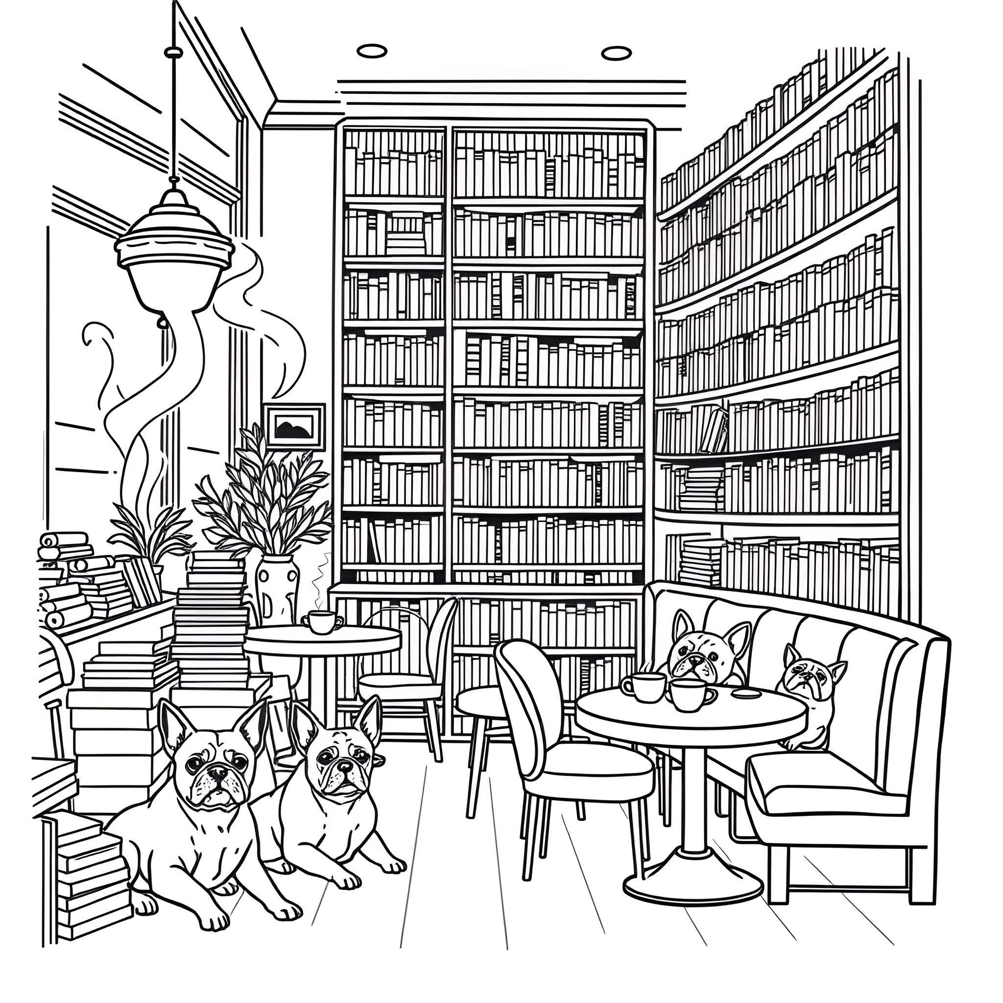 Bulldog companions in a cozy library Coloring Page (free black-and-white line drawing printable PDF for all, from beginners to advanced learners, including children, teens, adults, and seniors)