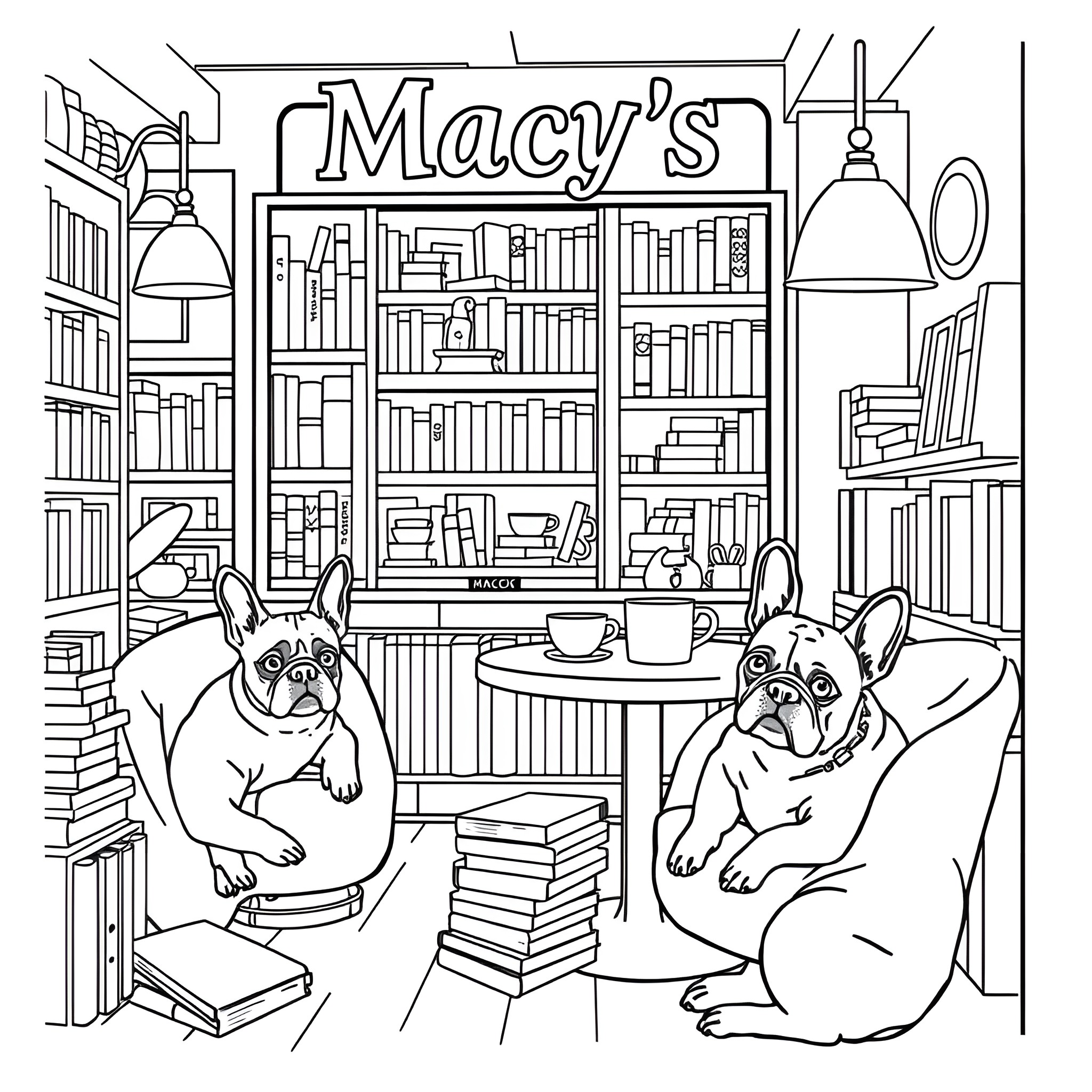 French Bulldogs relaxing in a cozy bookshop Coloring Page (free black-and-white line drawing printable PDF for all, from beginners to advanced learners, including children, teens, adults, and seniors)