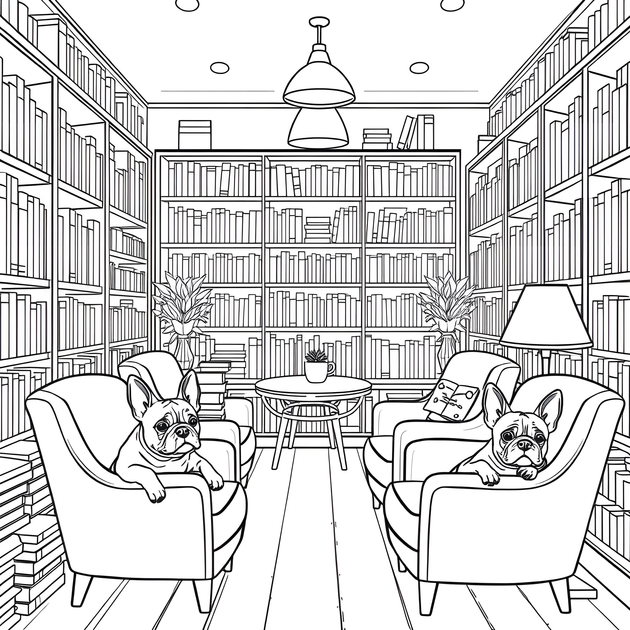 Bookstore with Relaxed Dogs in Reading Lounge Coloring Page (free black-and-white line drawing printable PDF for all, from beginners to advanced learners, including children, teens, adults, and seniors)