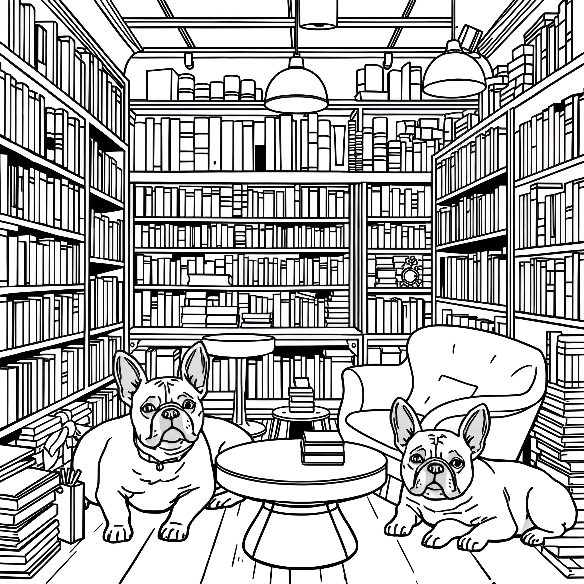 Book Store - Canine Companions in a Cozy Reading Nook Coloring Page (free black-and-white line drawing printable PDF for all, from beginners to advanced learners, including children, teens, adults, and seniors)