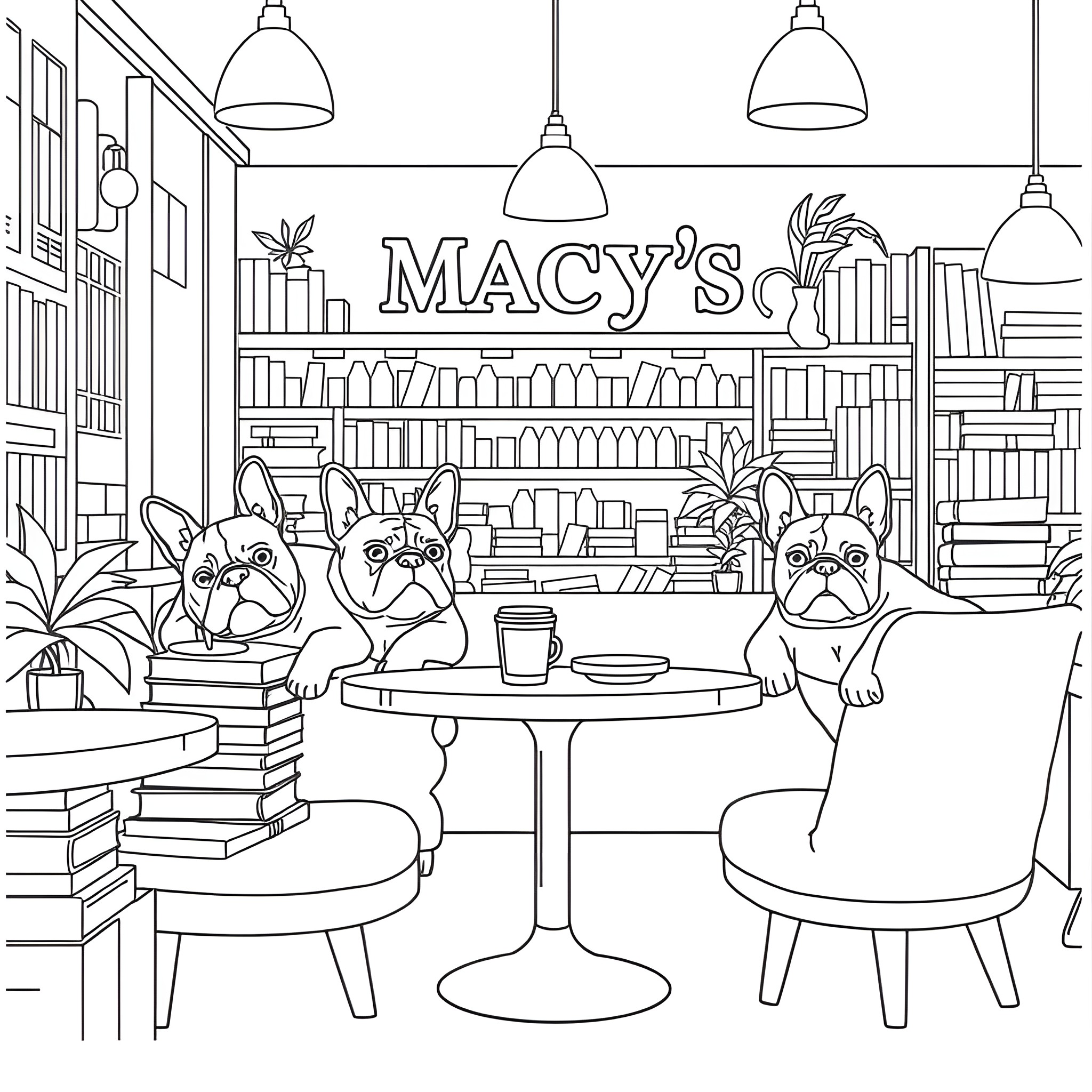 French Bulldogs enjoying coffee at Macy's bookstore Coloring Page (free black-and-white line drawing printable PDF for all, from beginners to advanced learners, including children, teens, adults, and seniors)
