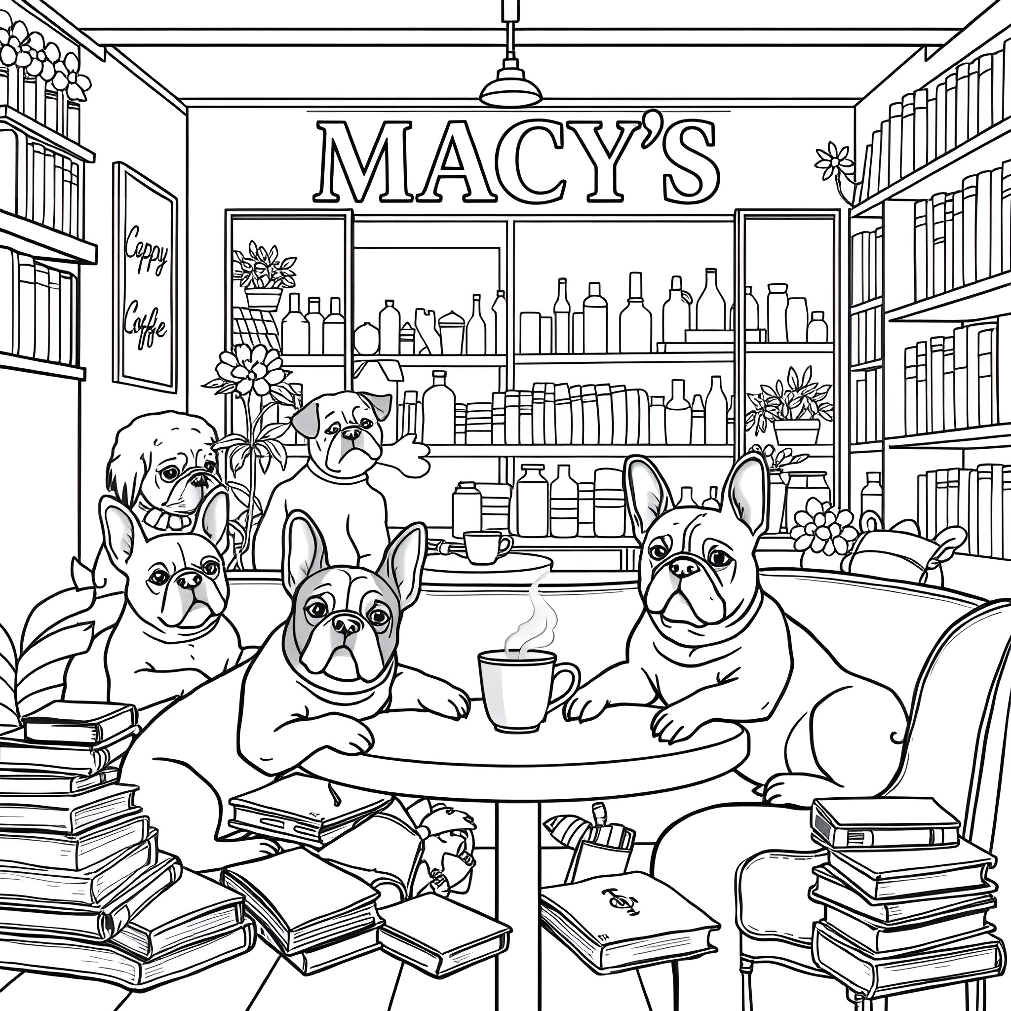 French Bulldog friends relaxing at Macy's cafe Coloring Page (free black-and-white line drawing printable PDF for all, from beginners to advanced learners, including children, teens, adults, and seniors)