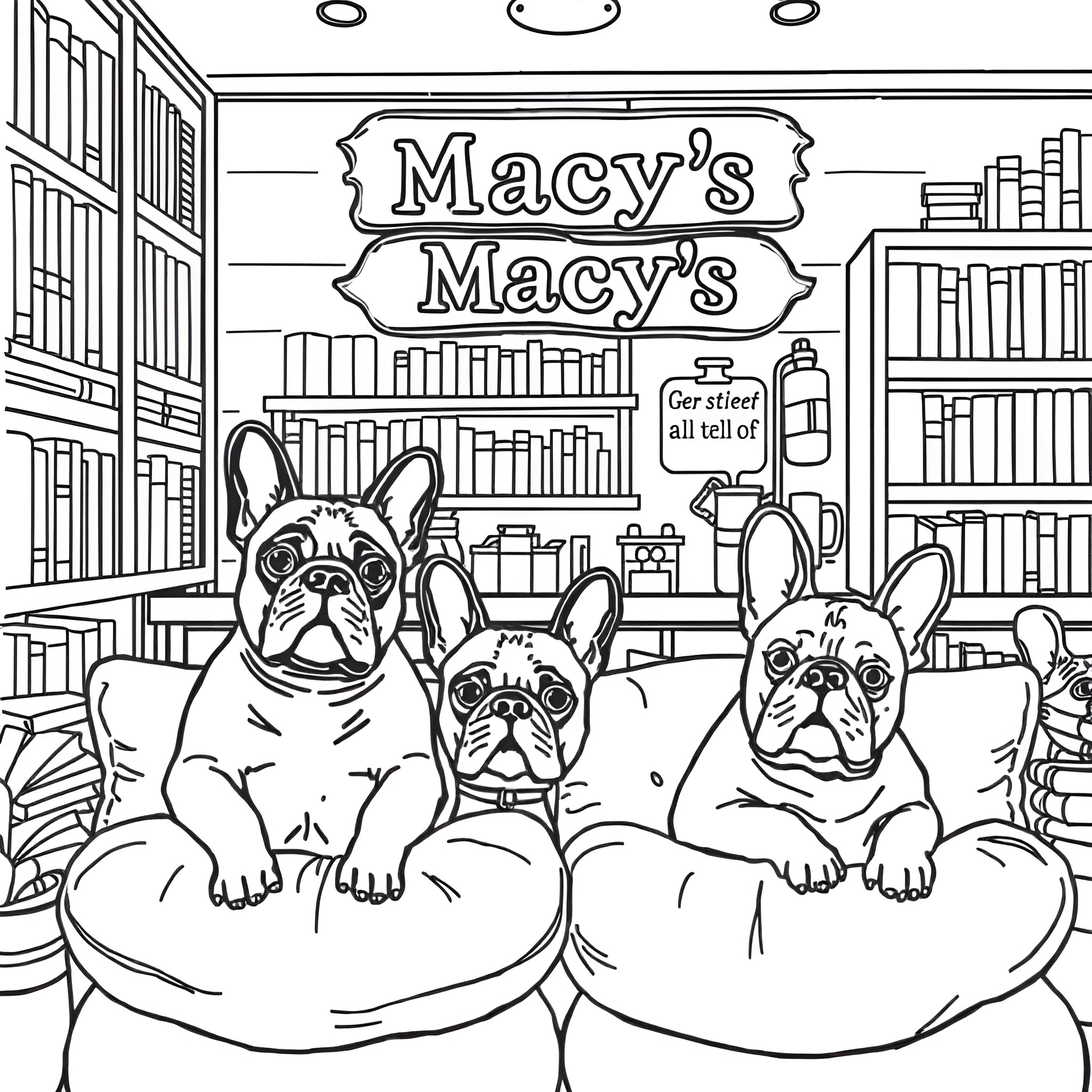 Bulldog puppies relaxing in Macy's store Coloring Page (free black-and-white line drawing printable PDF for all, from beginners to advanced learners, including children, teens, adults, and seniors)
